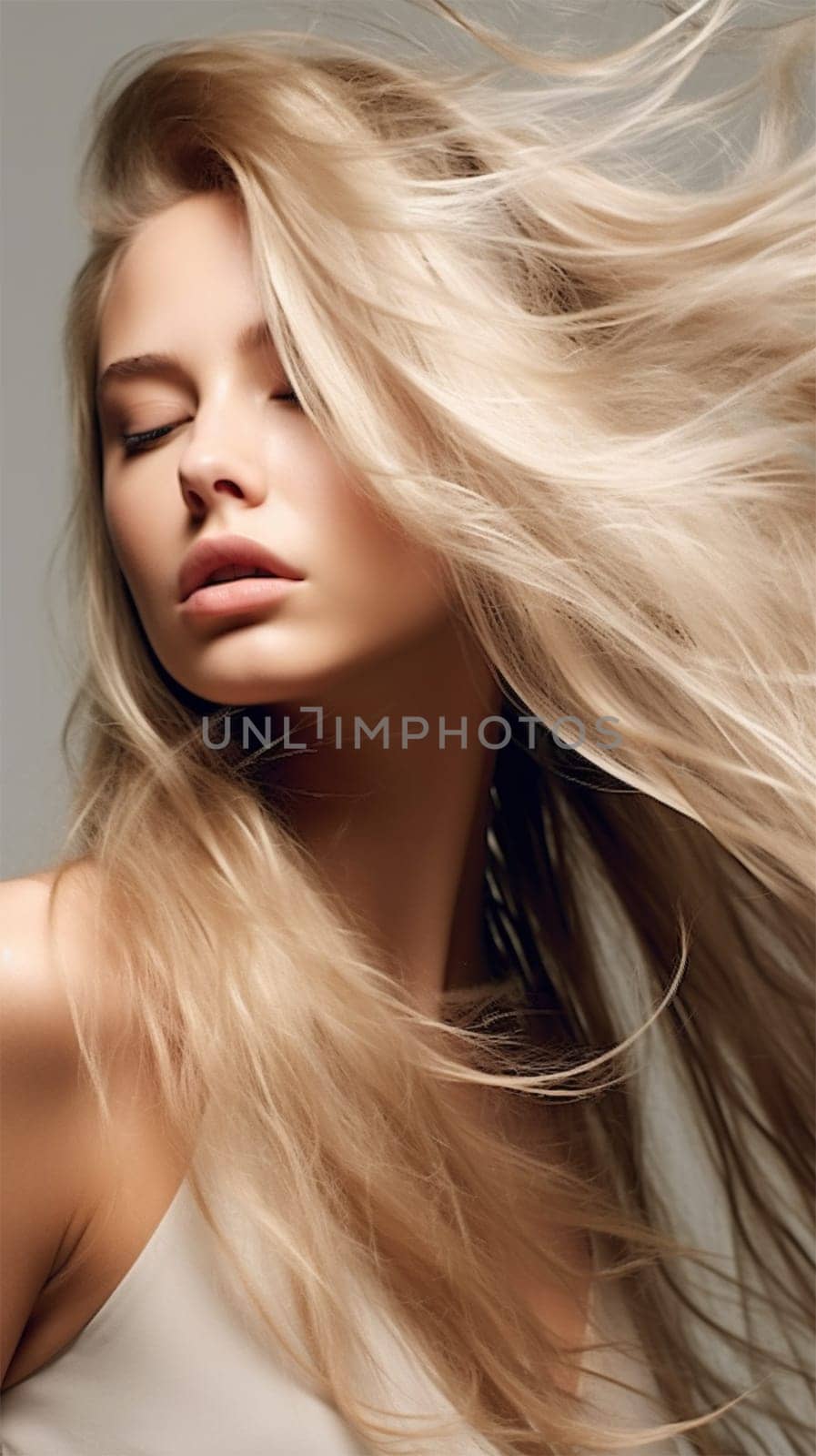 sensual portrait of a blonde with flying hair. banner or poster for a beauty salon