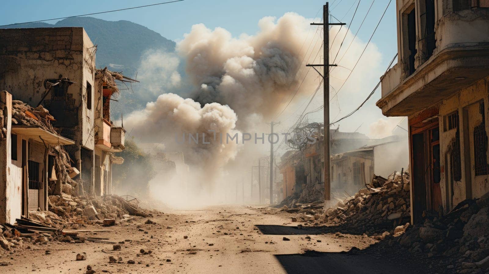 destroyed houses in the city with smoke enveloping them. the consequences of natural disasters, earthquakes or war