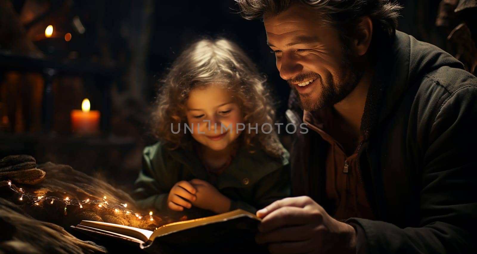 Happy Christmas family, father reading a book to his daughter in the evening on Christmas Eve.Christmas warm background