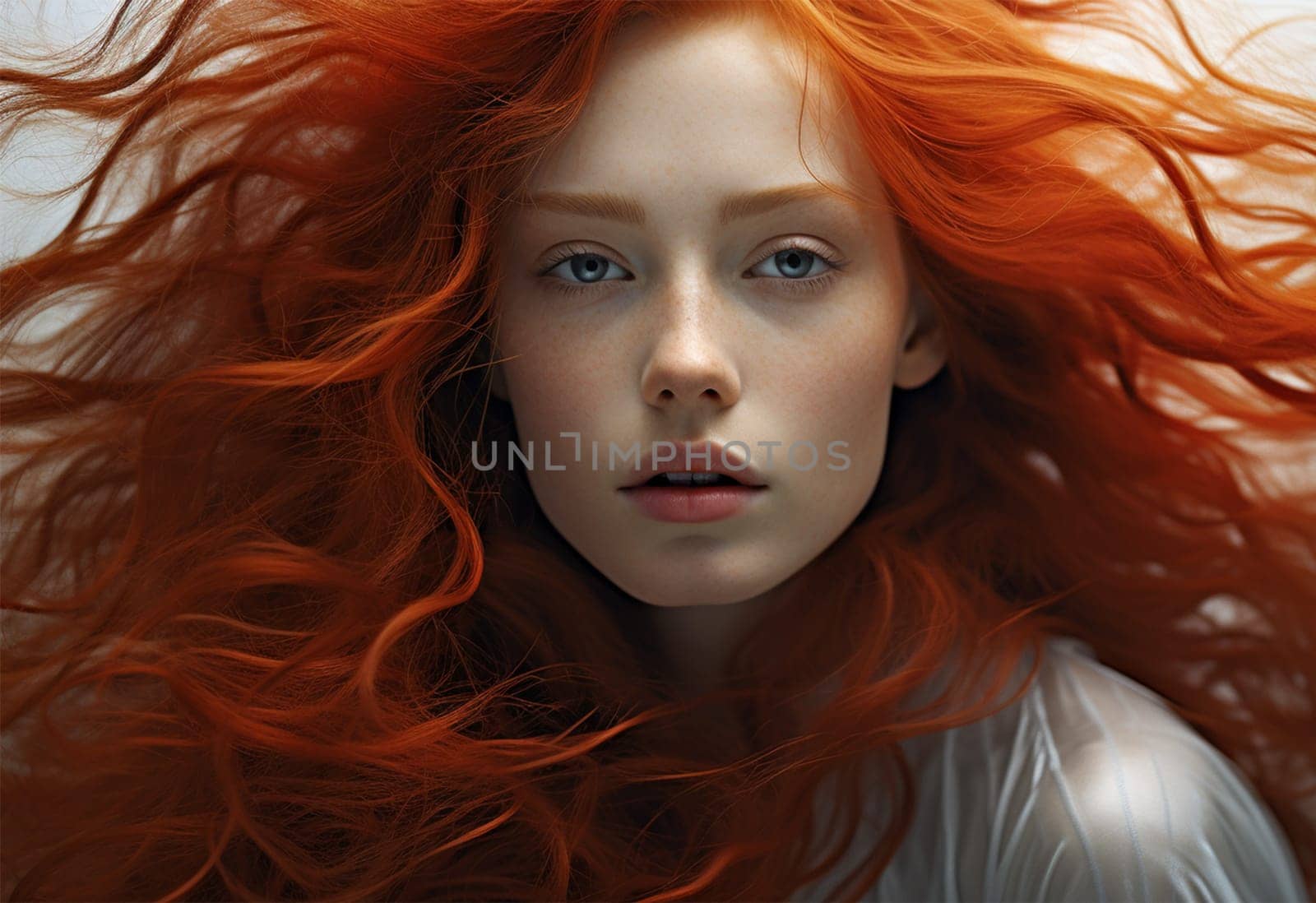 Close-up portrait of a red-haired woman with flying hair looking at the camera.content or banner for a beauty salon