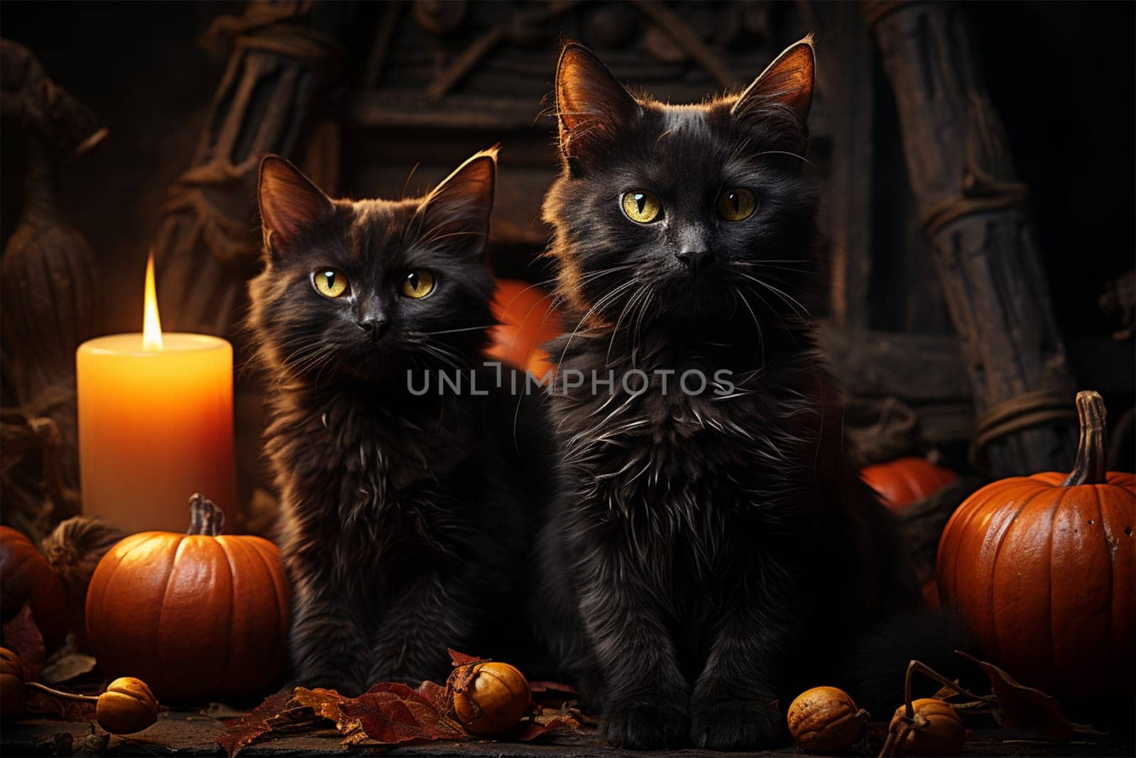 A black cat sits on a table next to orange pumpkins and candles in a witch's house. mystical picture on the theme of Halloween