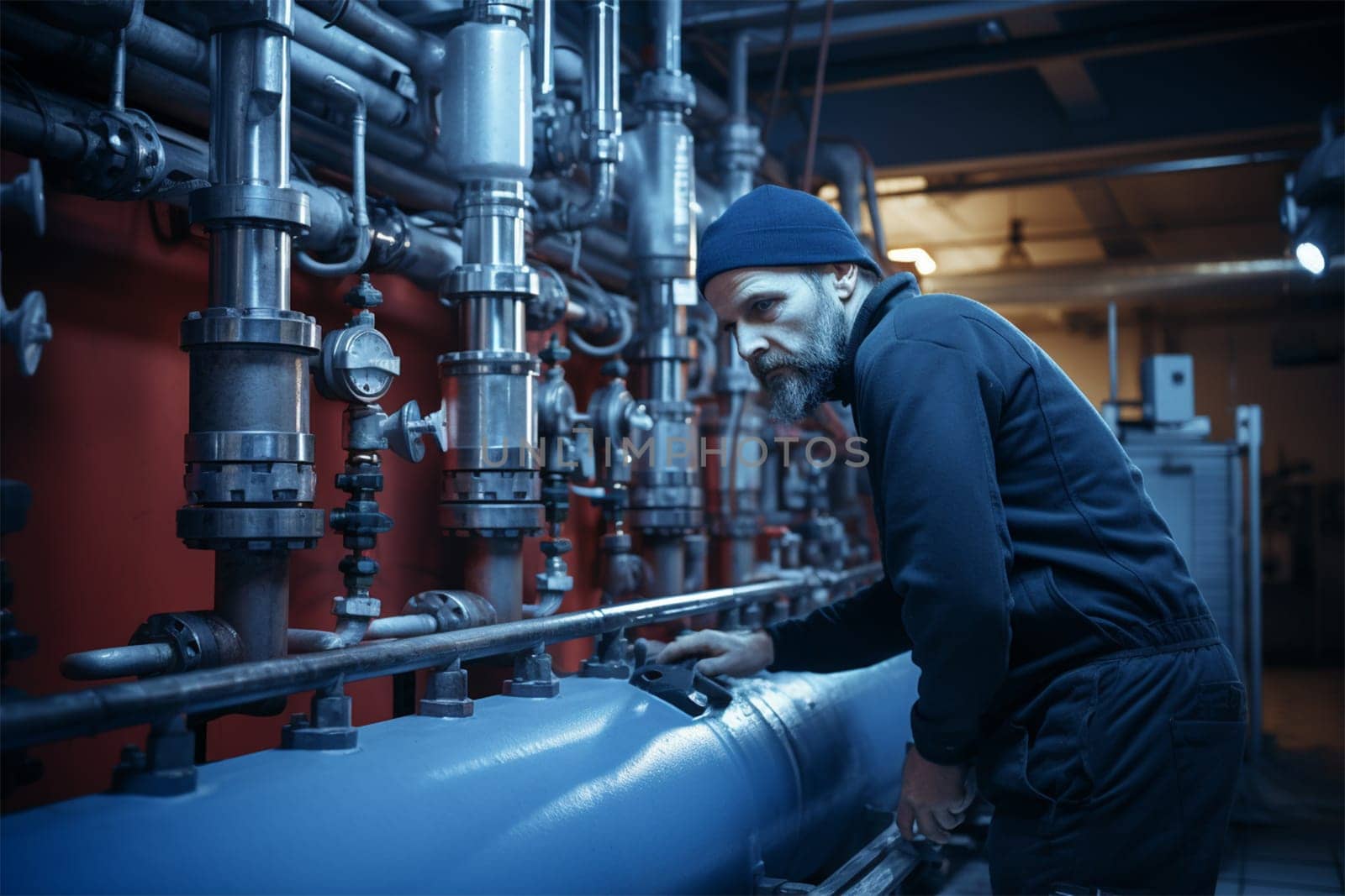 a foreman in overalls checks the condition of pipes and devices in the boiler room.