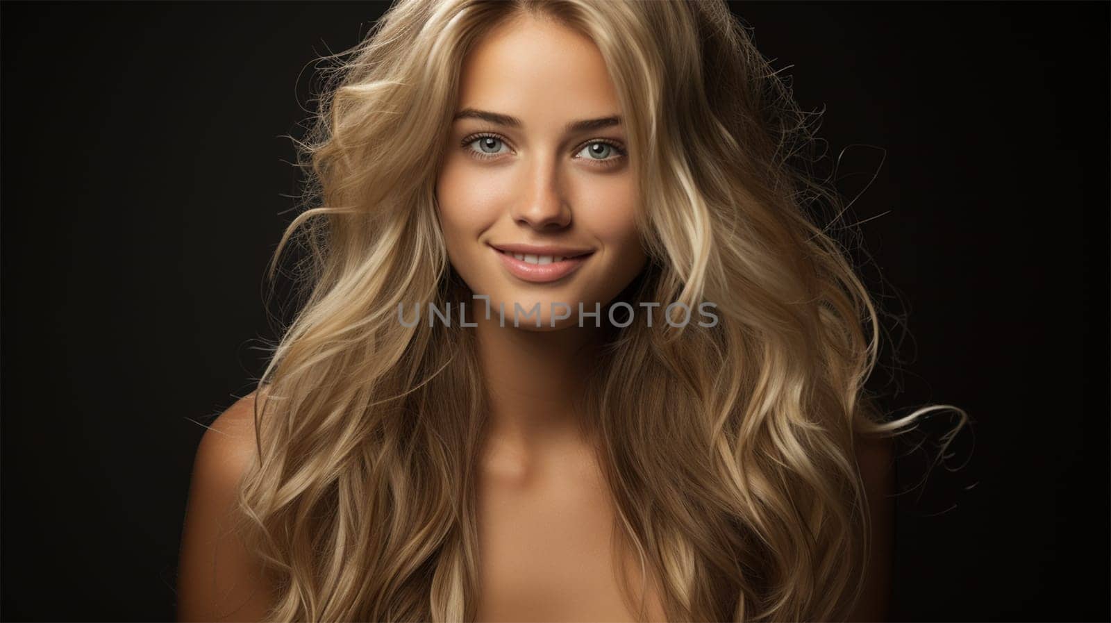 Beautiful smiling woman with long blonde wavy hair on a black background. Girl with beautiful hairstyle. content for a beauty salon and spa center.