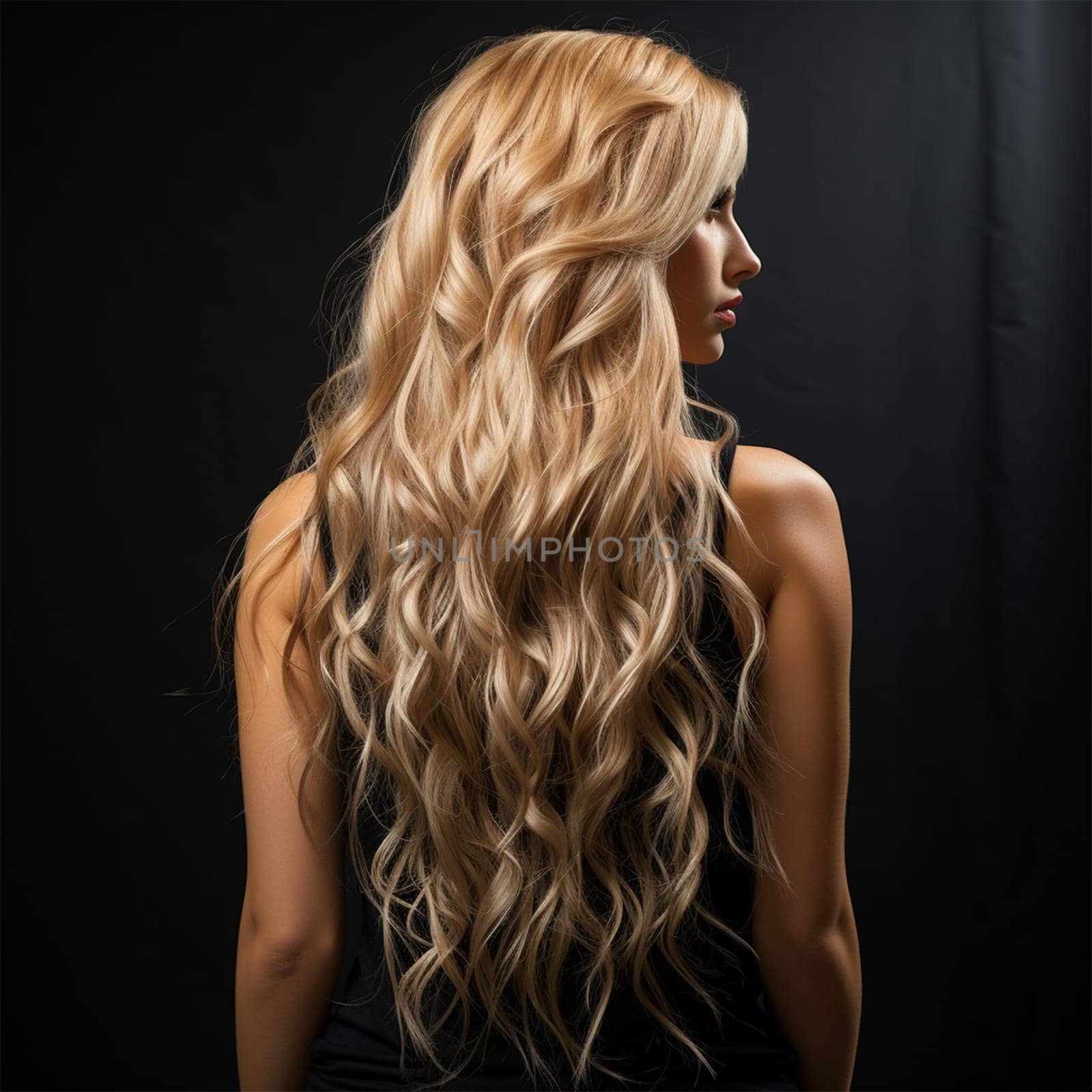 Close-up rear view of a blonde woman with a shiny wavy long hairstyle.on a black background