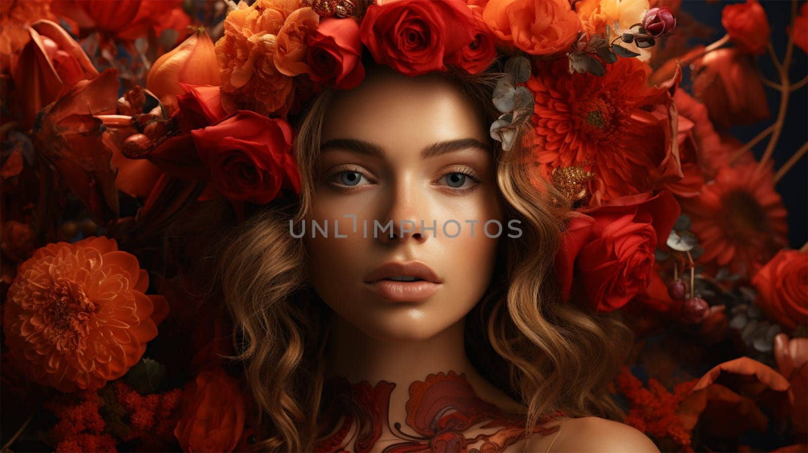 Portrait of a beautiful blonde among red flowers in a blooming garden.