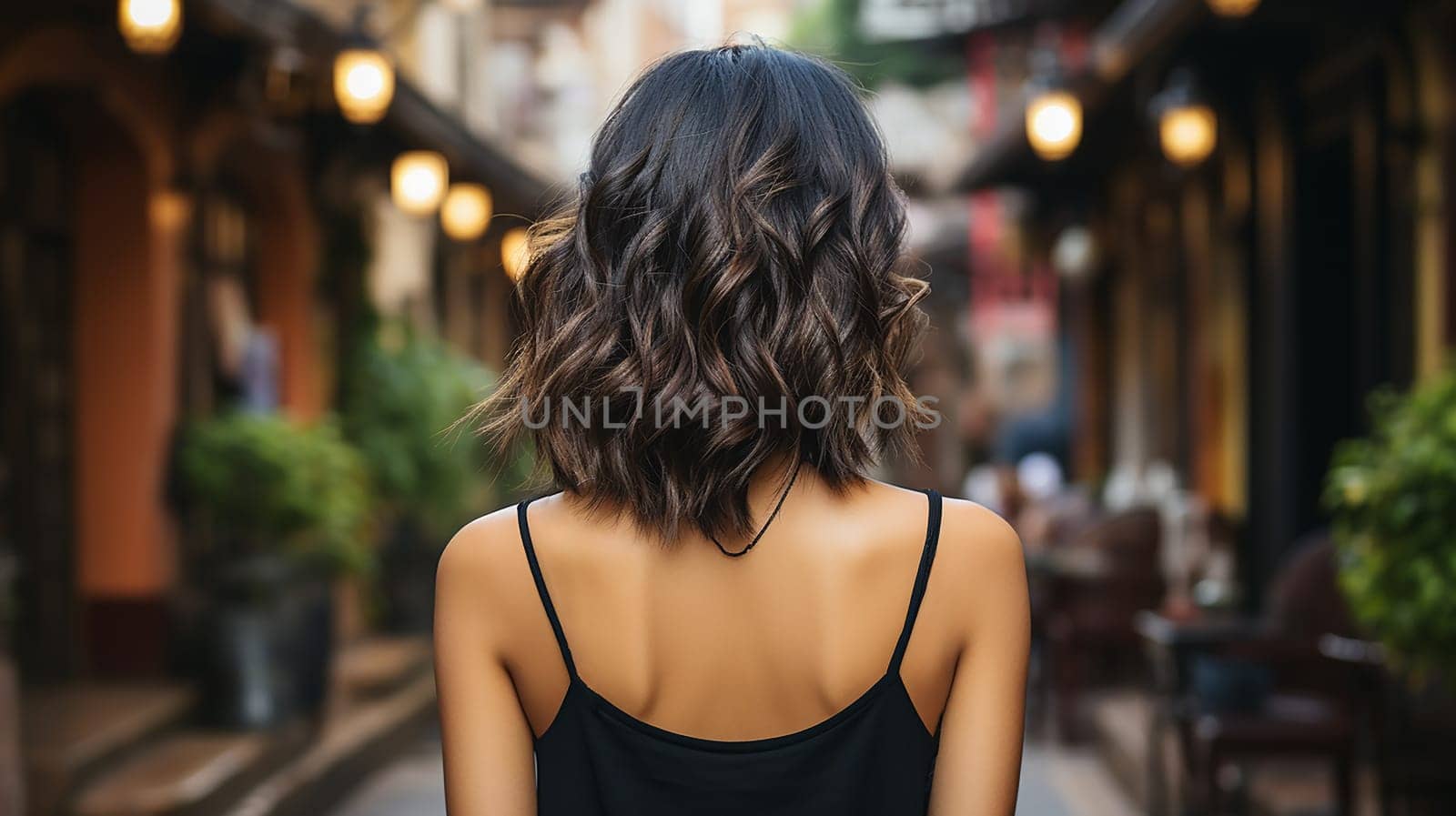 Close-up rear view of a brunette with a shiny wavy hairstyle against the backdrop of an illuminated antique European street.