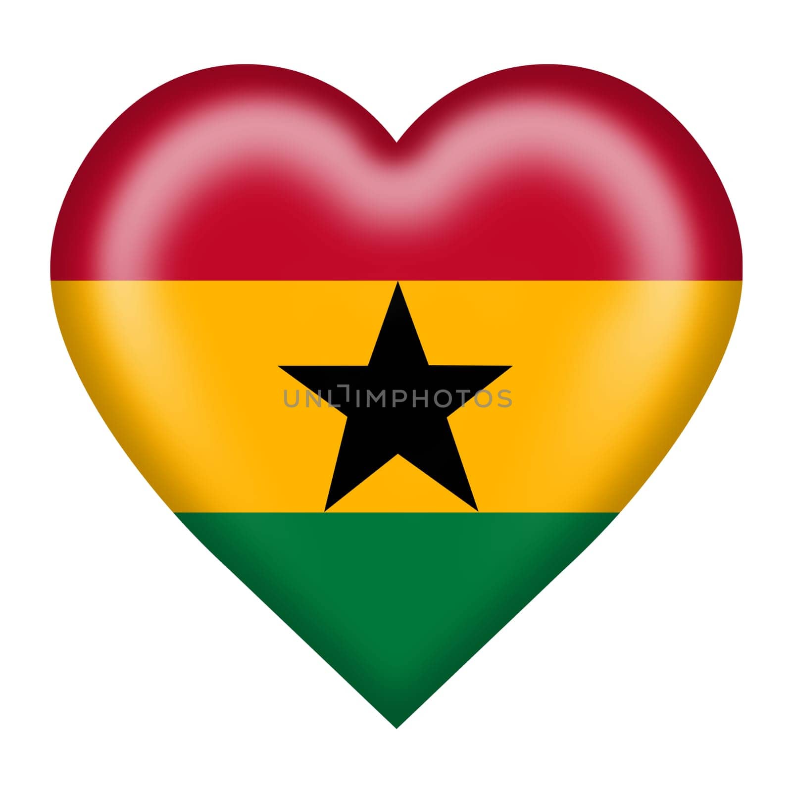 A Ghana flag heart button isolated on white with clipping path 3d illustration