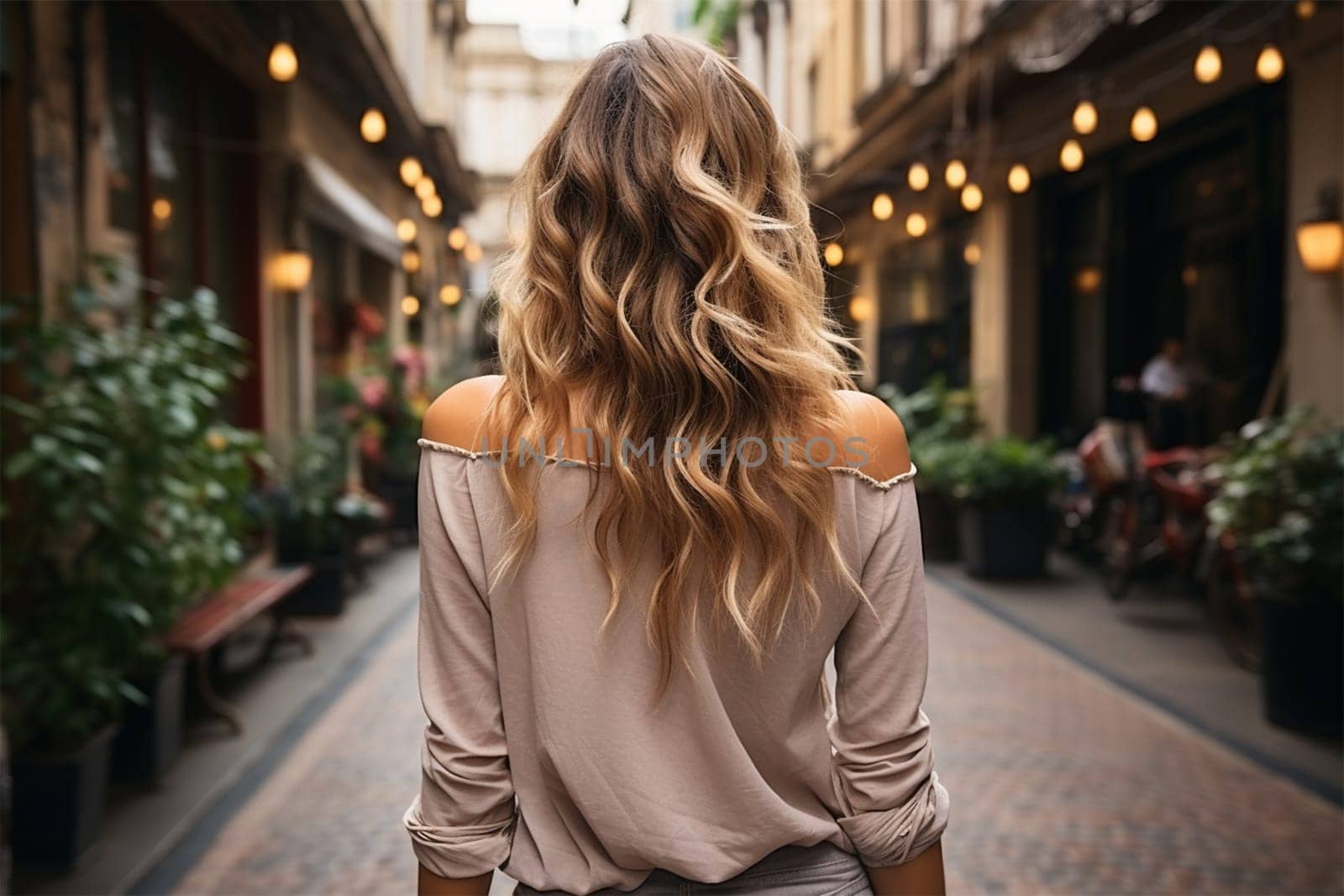 Close-up rear view of a blonde woman with a shiny wavy long hairstyle against a street background.