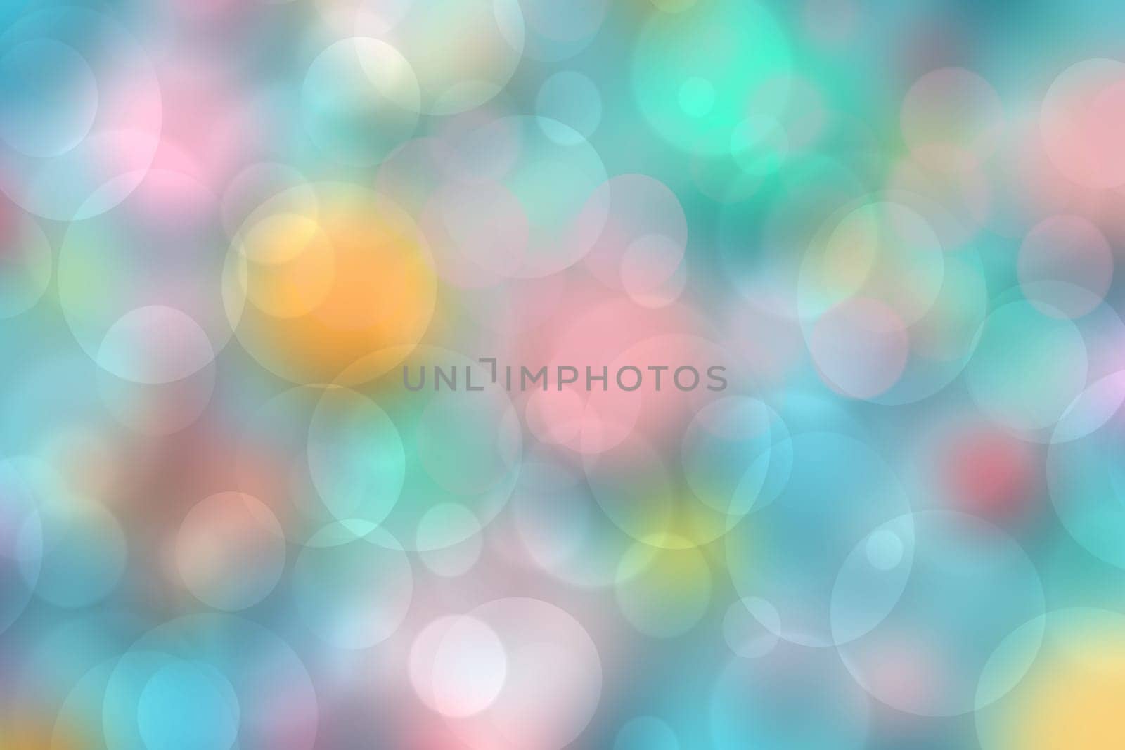 Colorful party background. Abstract pastel blue turquoise pink yellow texture with blurred bokeh lights and soft color circles. Beautiful backdrop for design of invitation for various holidays. Card concept.
