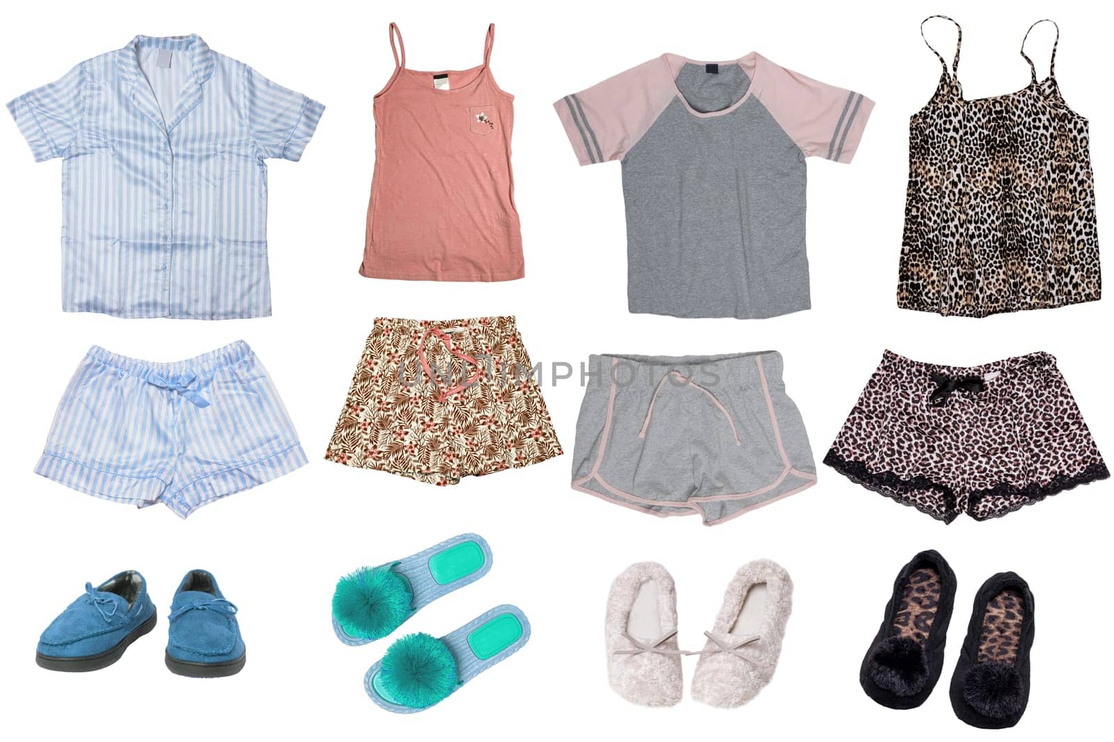 Collage set of little girl autumn or spring clothes isolated on white. Kids apparel collection. Childs fashion clothing outfit, skirts, shirts, shorts ,dresses and shoes.