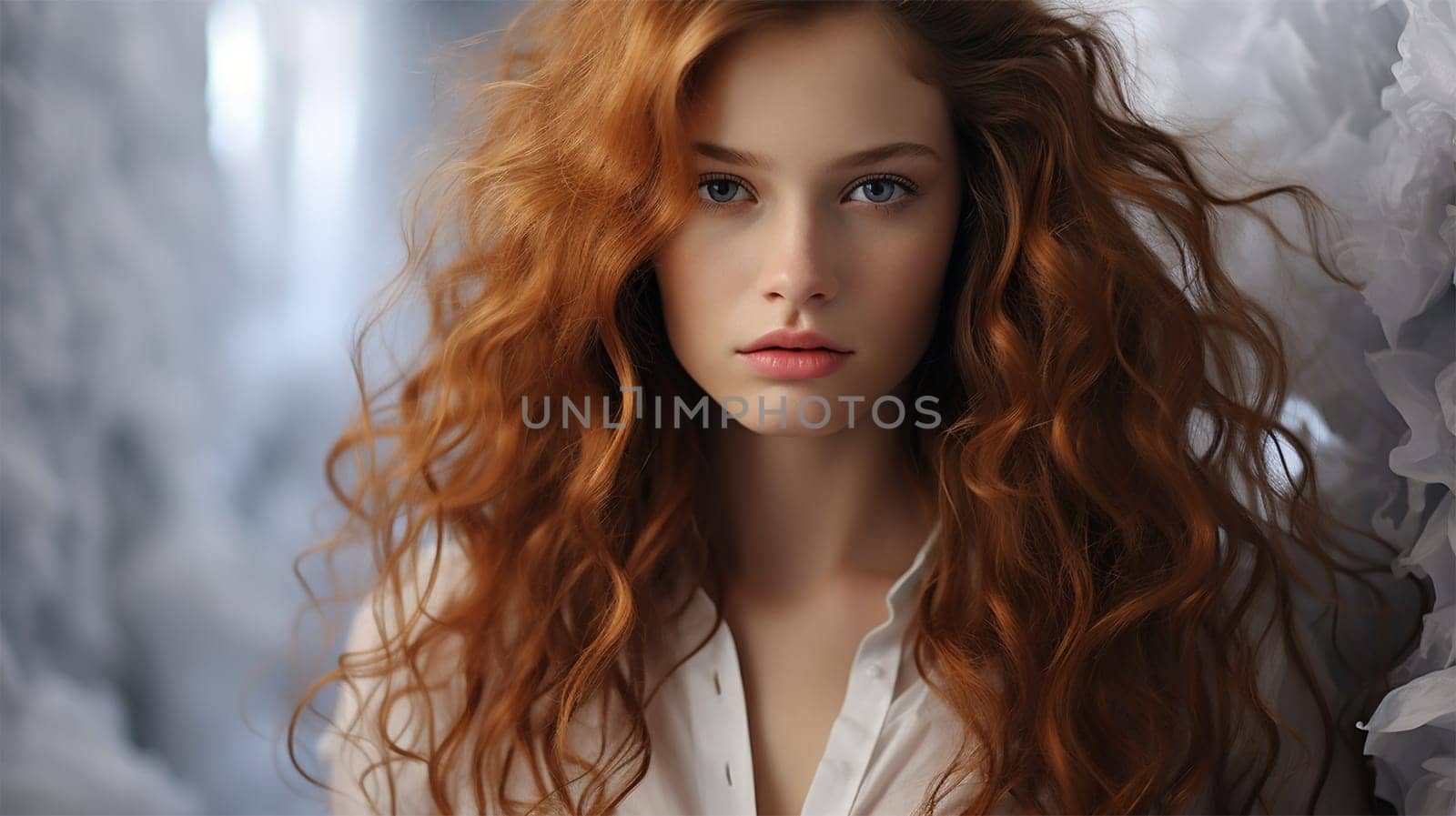 Close-up portrait of a red-haired woman on a light shaggy background looking at the camera.content or banner for a beauty salon