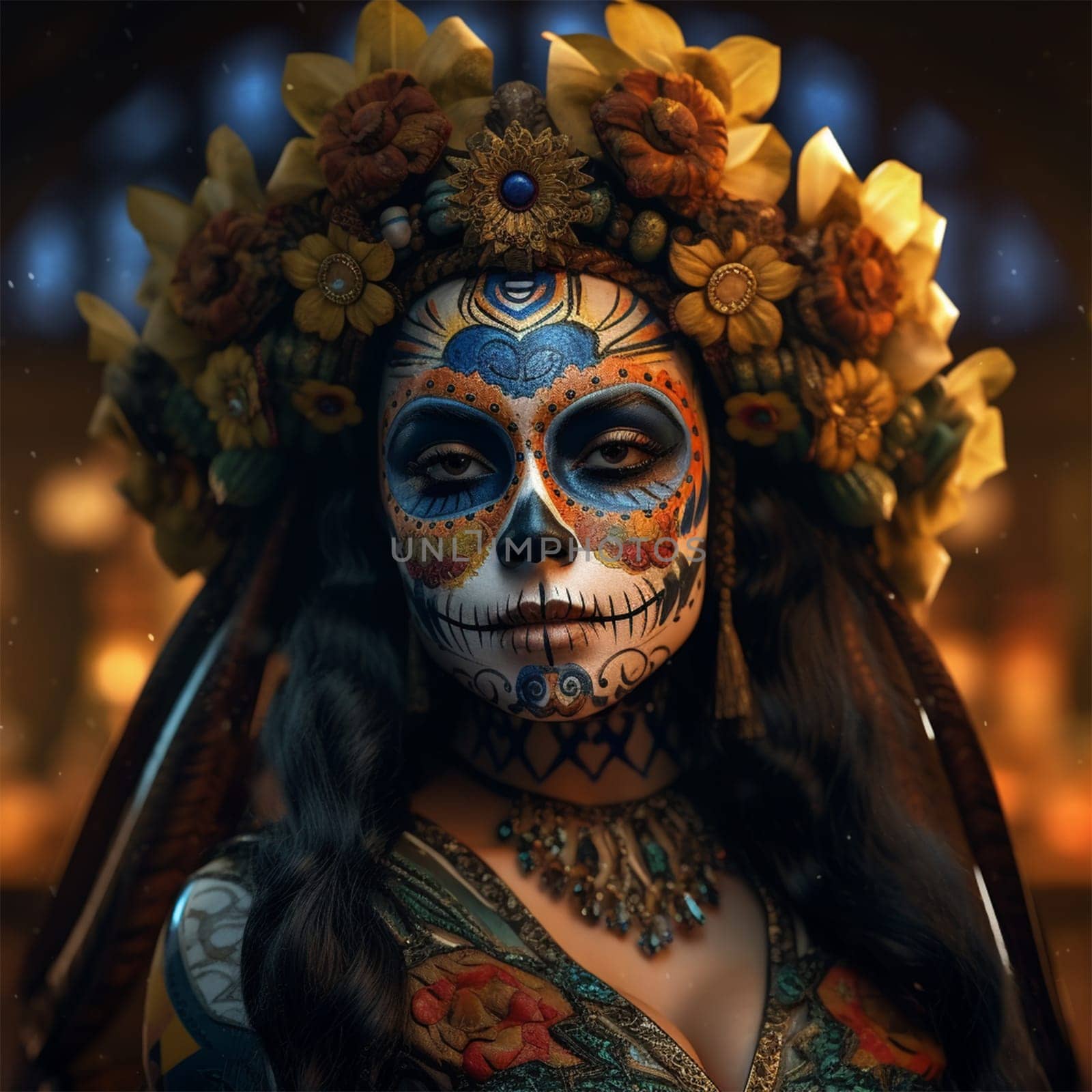 close-up young woman with make-up at the festival Day of the Dead - Dia de los Muertos, a holiday dedicated to the memory of the dead.against the backdrop of illumination.
