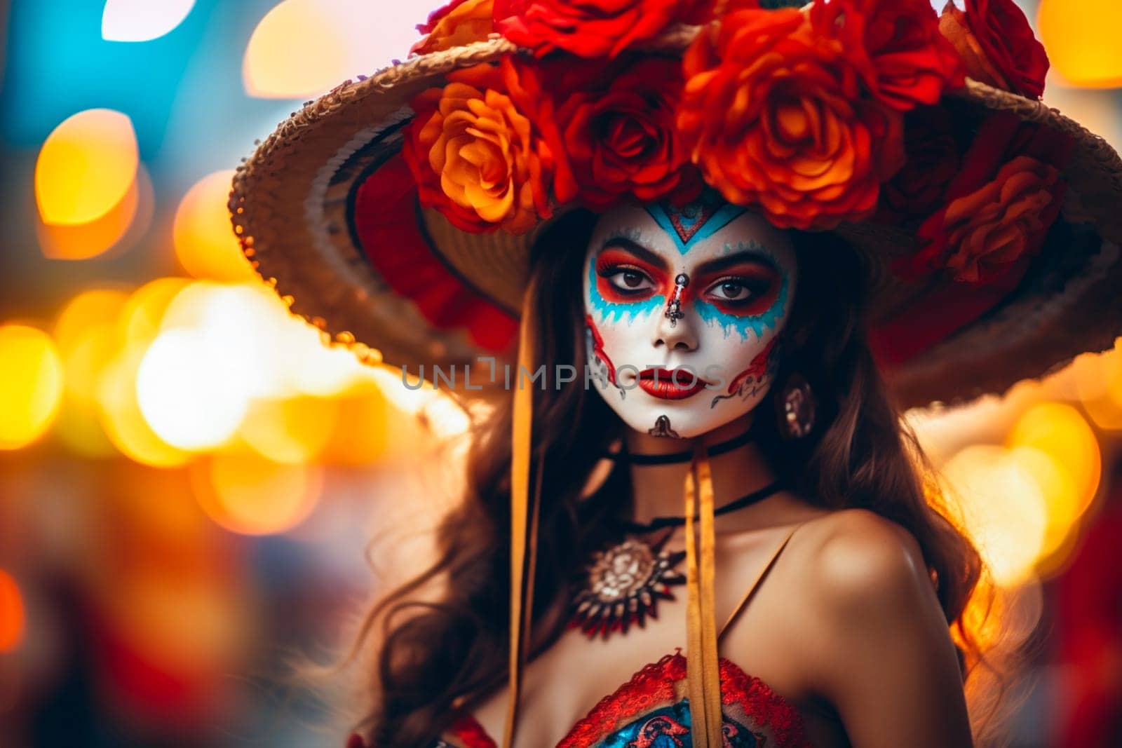 close-up young woman with make-up at the festival Day of the Dead - Dia de los Muertos - a holiday dedicated to the memory of the dead.against the backdrop of illumination.