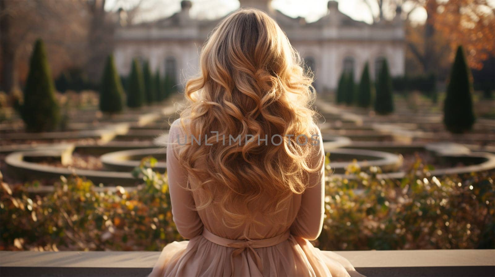 Close-up rear view of a blonde woman with a shiny wavy long hairstyle in front of a park.