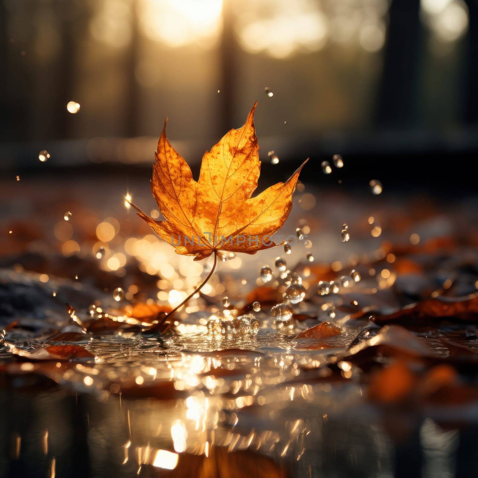 Autumn leaf falls on wet ground after rain .on autumn blurred background