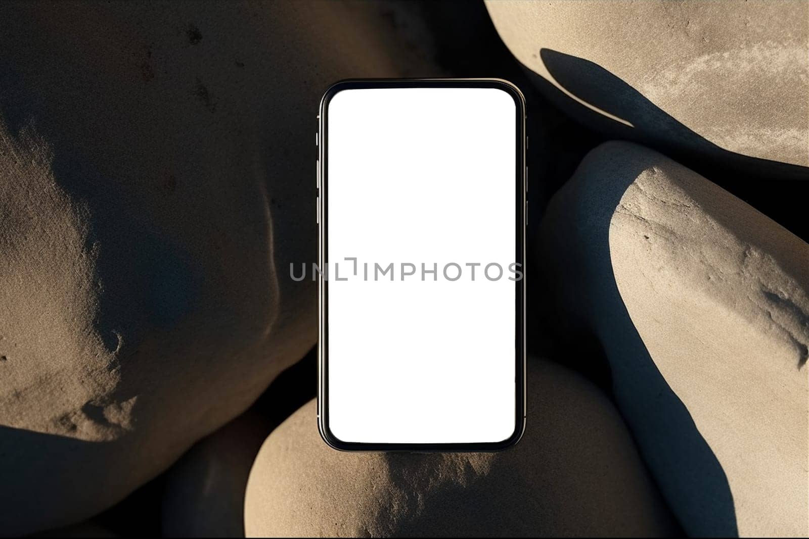 Flatlay phone on sand-colored stones. Free space for text, mockup. Aesthetic elegant picture for social networks