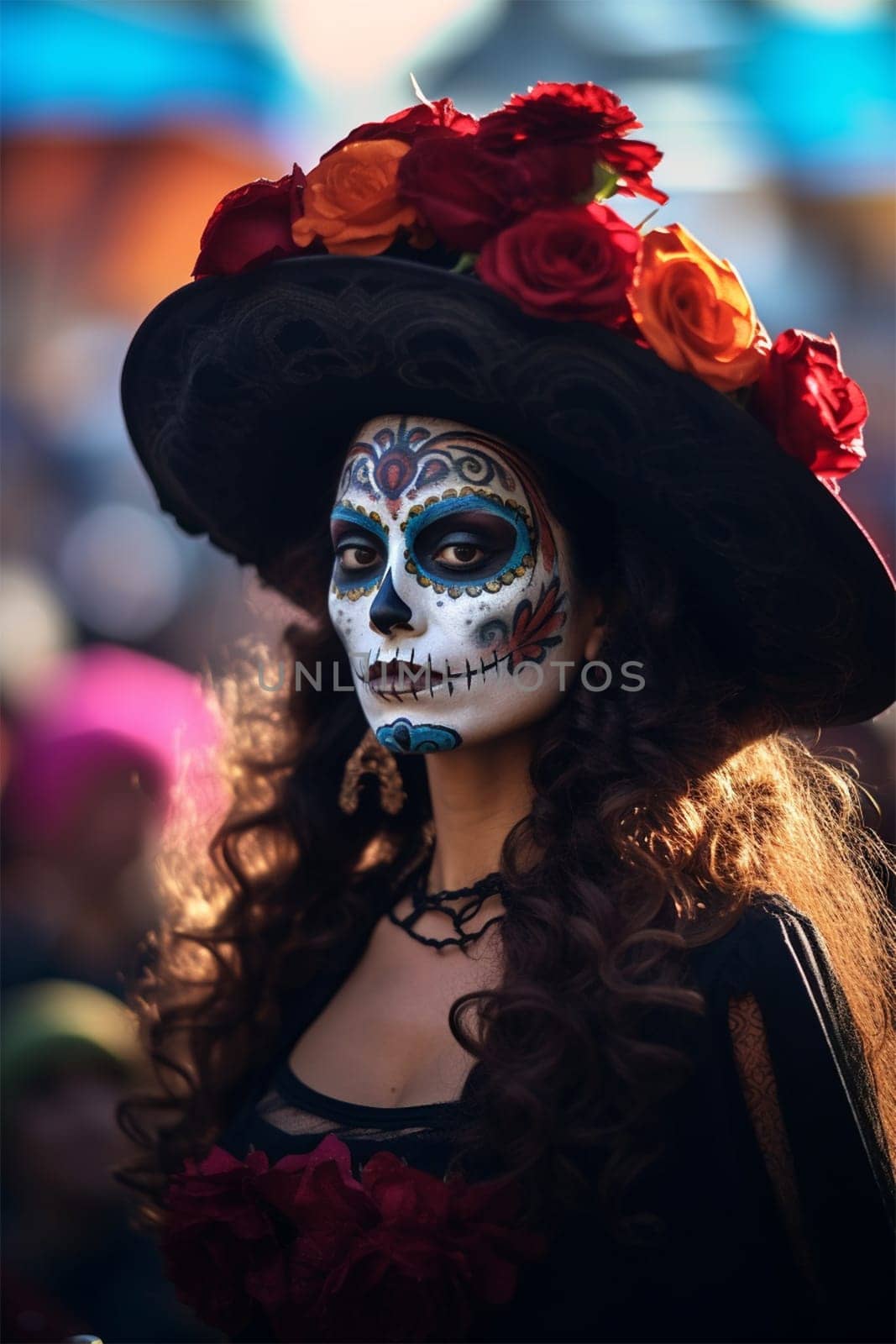 close-up young woman with make-up at the festival Day of the Dead - Dia de los Muertos, a holiday dedicated to the memory of the dead.against the backdrop of illumination.generative Ai