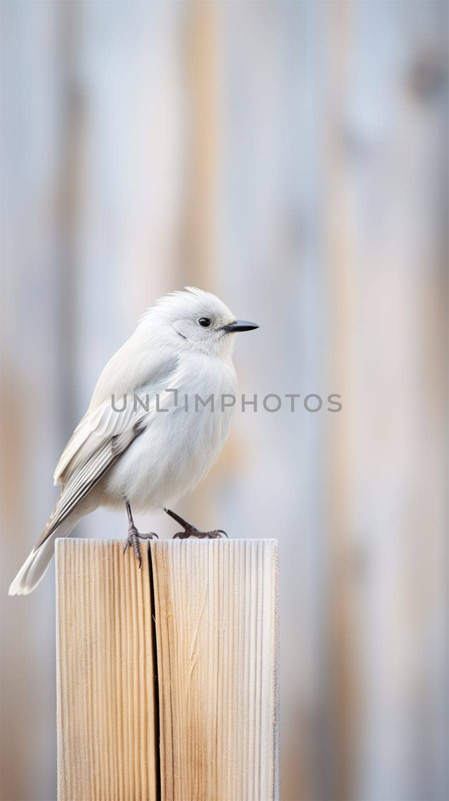 Whitewashed wooden board used to stop a serene white bird.vertical background