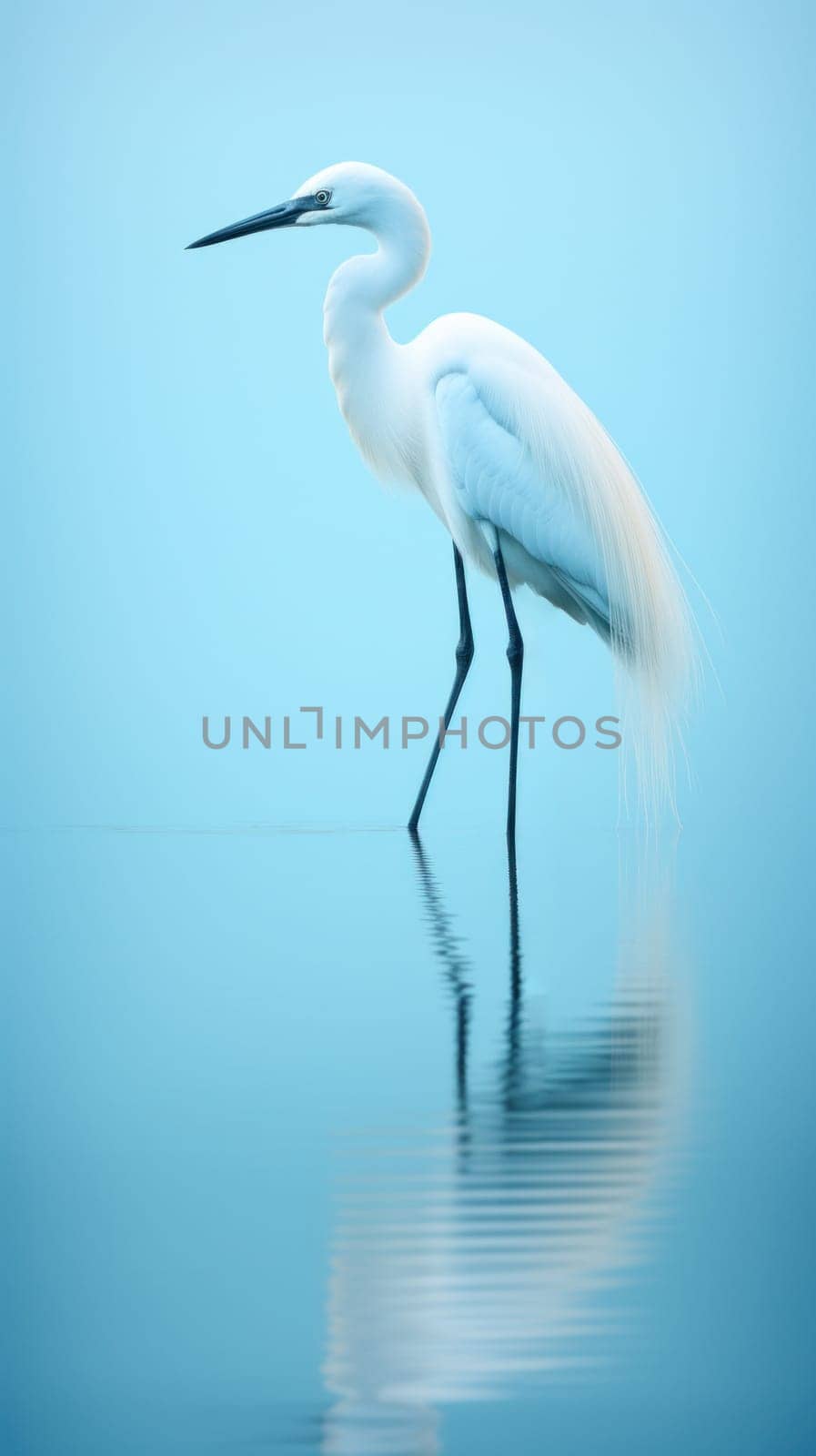 Shallow azure water reflecting a standing heron white. natural background .
