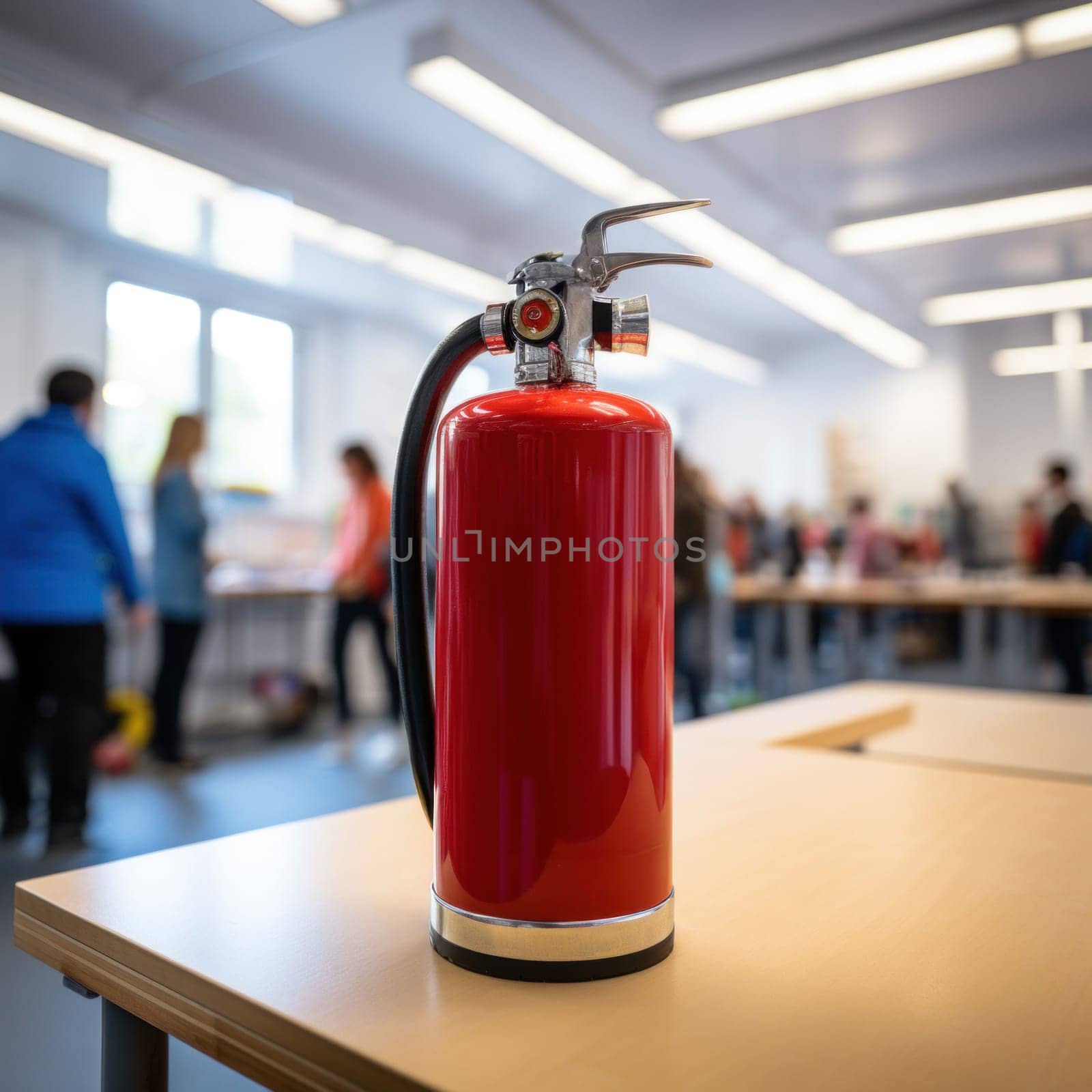 fire extinguisher on the table in an educational institution or office. Emergency equipment in case of fire