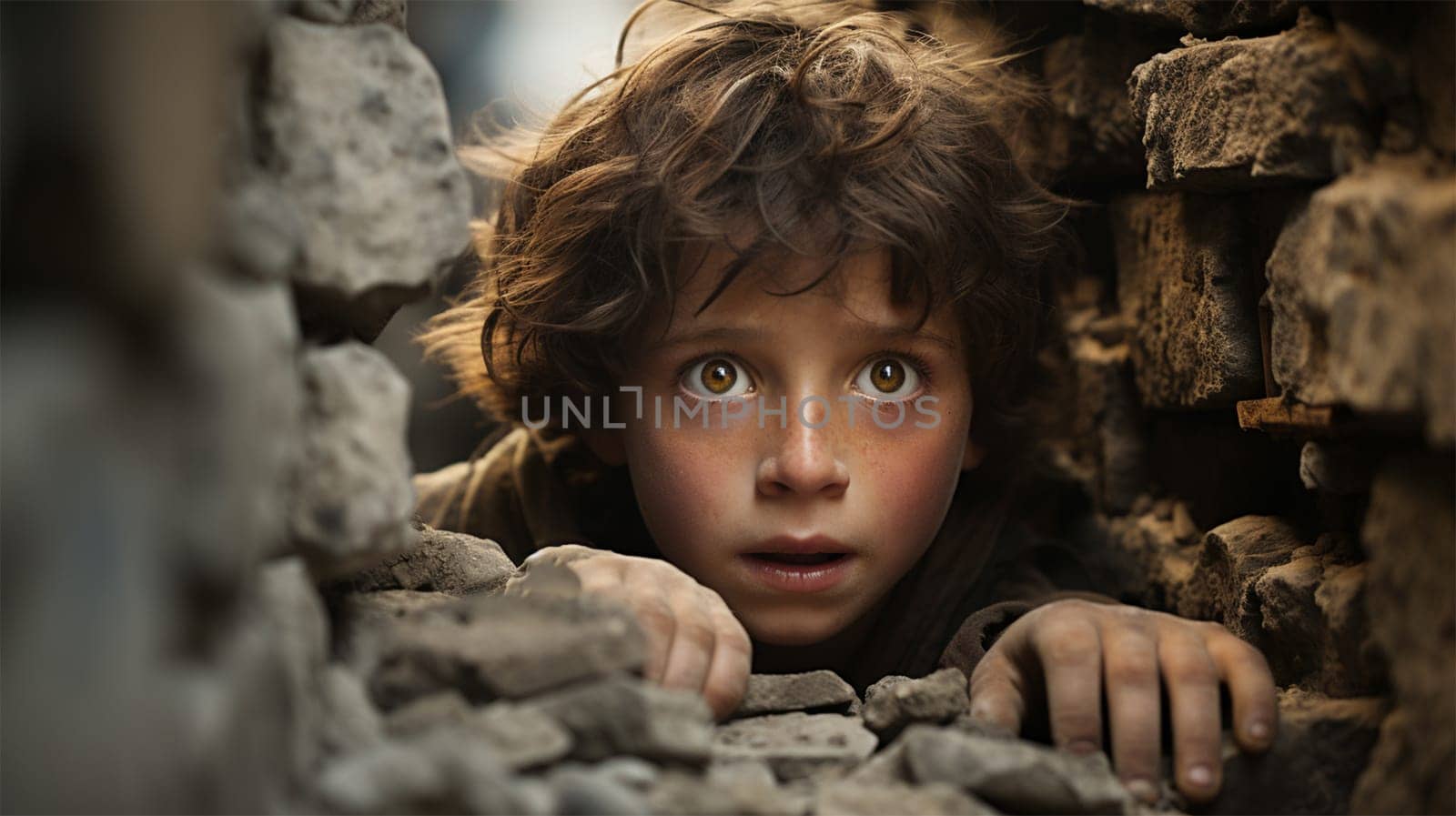 a shocked child sits on the ruins of a house in a city destroyed by an earthquake or war.