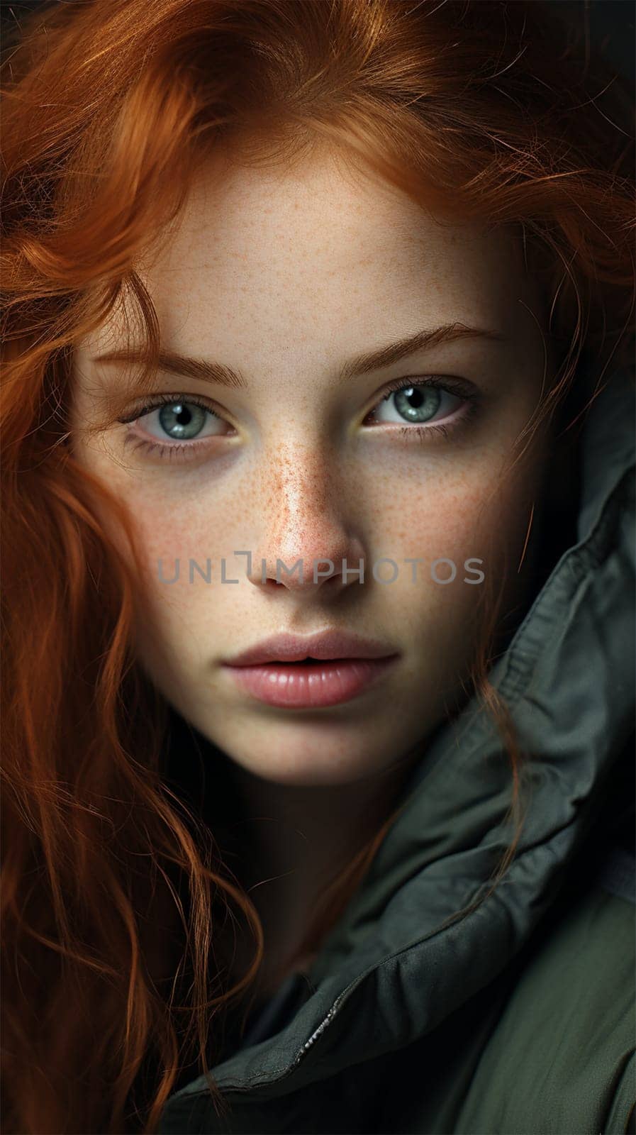 portrait of freckled redhead woman looking at camera, isolated on black.