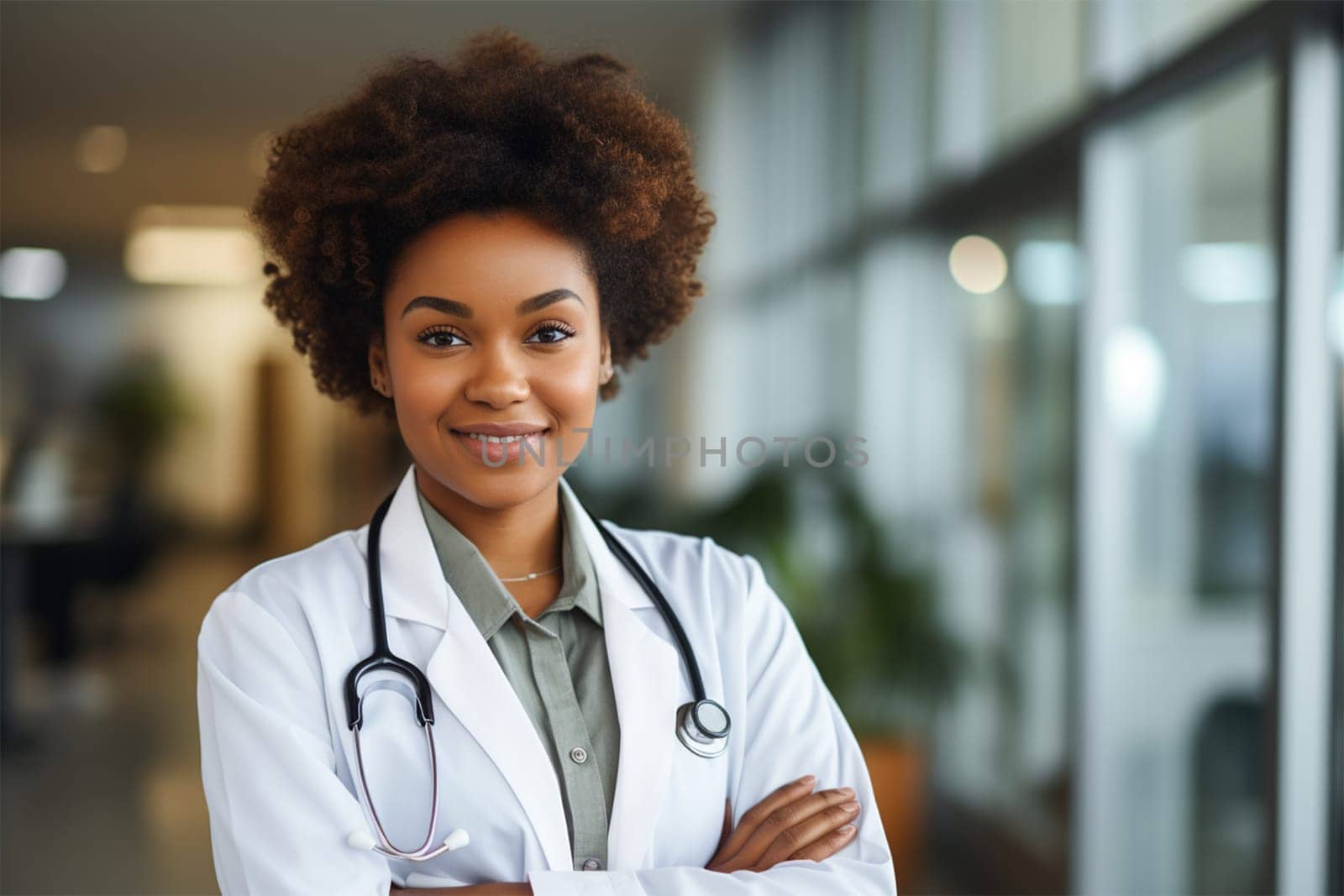 young smiling doctor in a robe and with a stethoscope in the clinic .