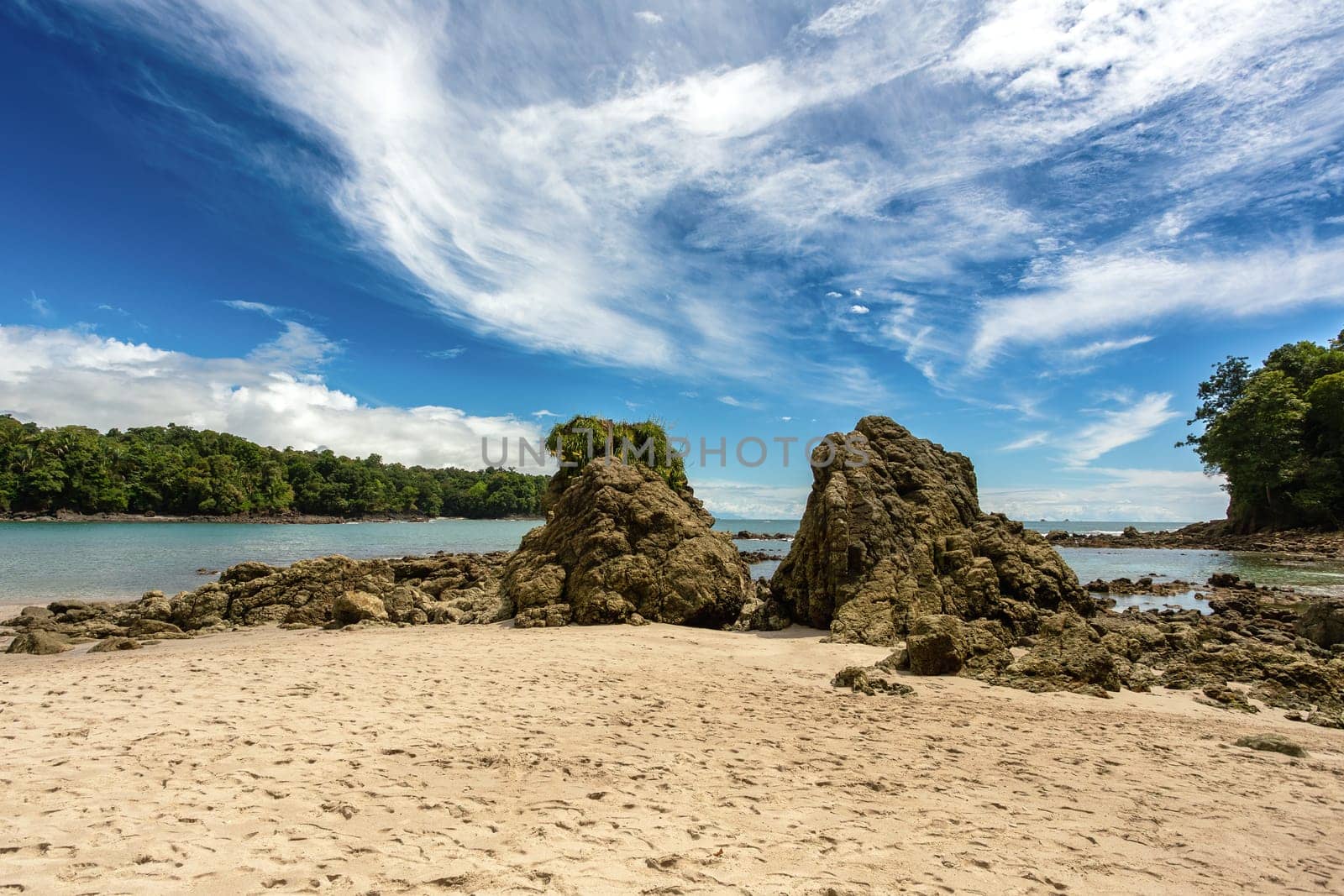 Playa in Manuel Antonio National Park, Costa Rica wildlife. Pacific ocean. Picturesque paradise tropical landscape. Pura Vida concept, travel to exotic tropical country.