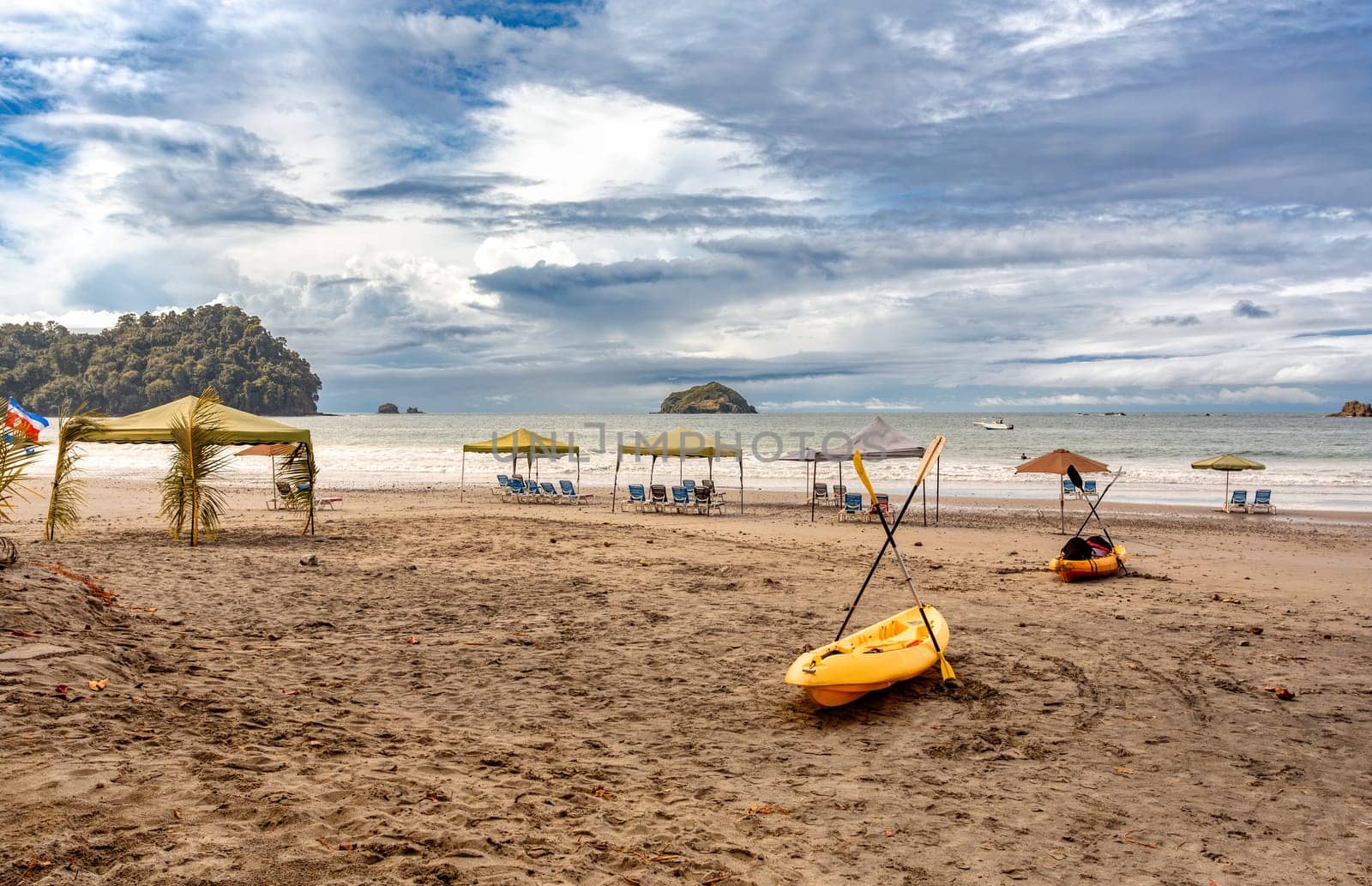 Playa in Quepos, Manuel Antonio National Park, Costa Rica wildlife. Pacific ocean. Picturesque paradise tropical landscape. Pura Vida concept, travel to exotic tropical country.