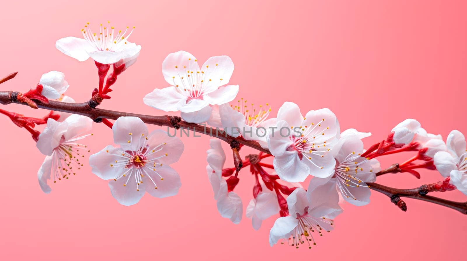 A plum blossom on a pink color background. Branch in blossom close-up. AI generated