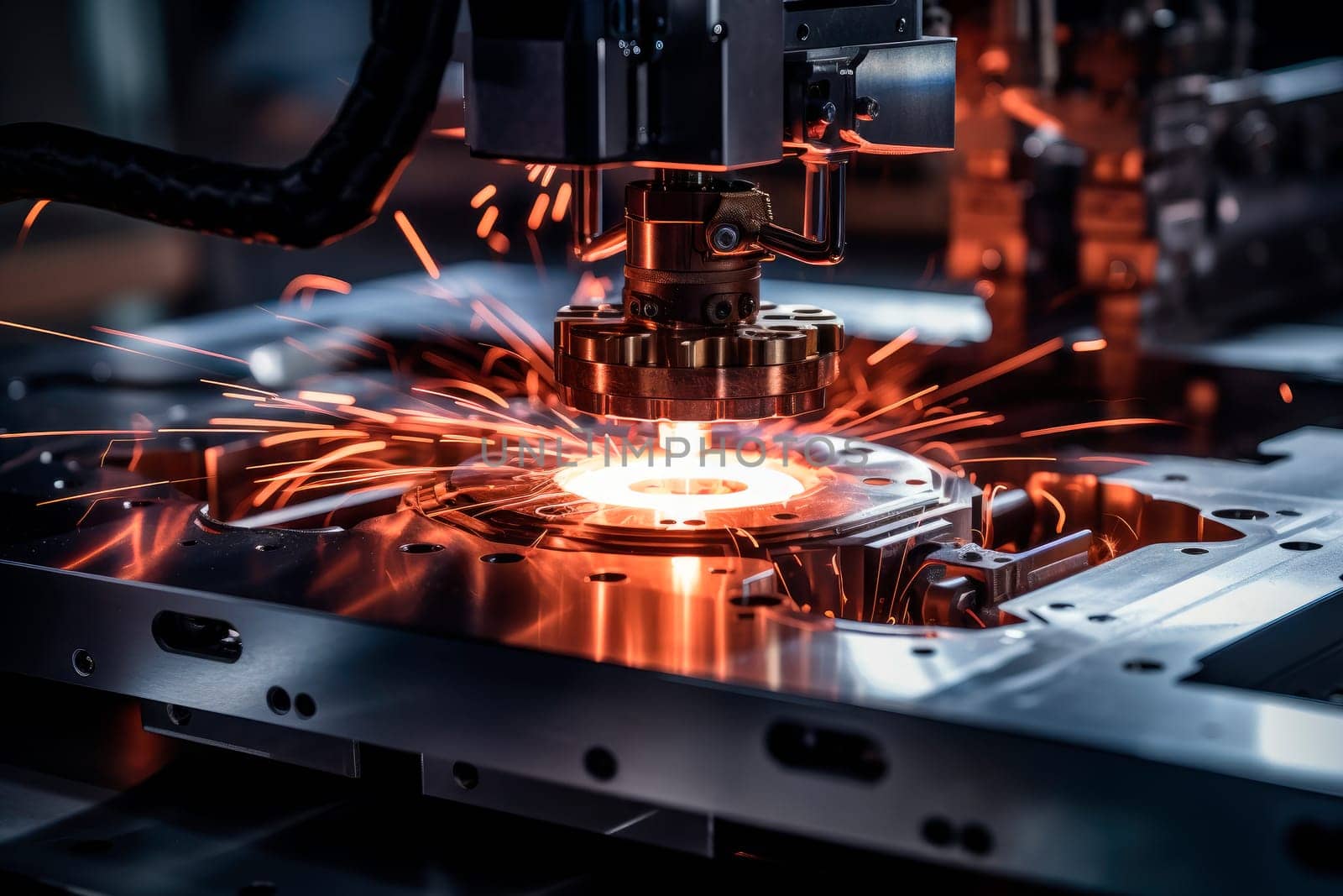 Close-up of a laser cutter. CNC laser cutting of metal, modern industrial technology. AI generated