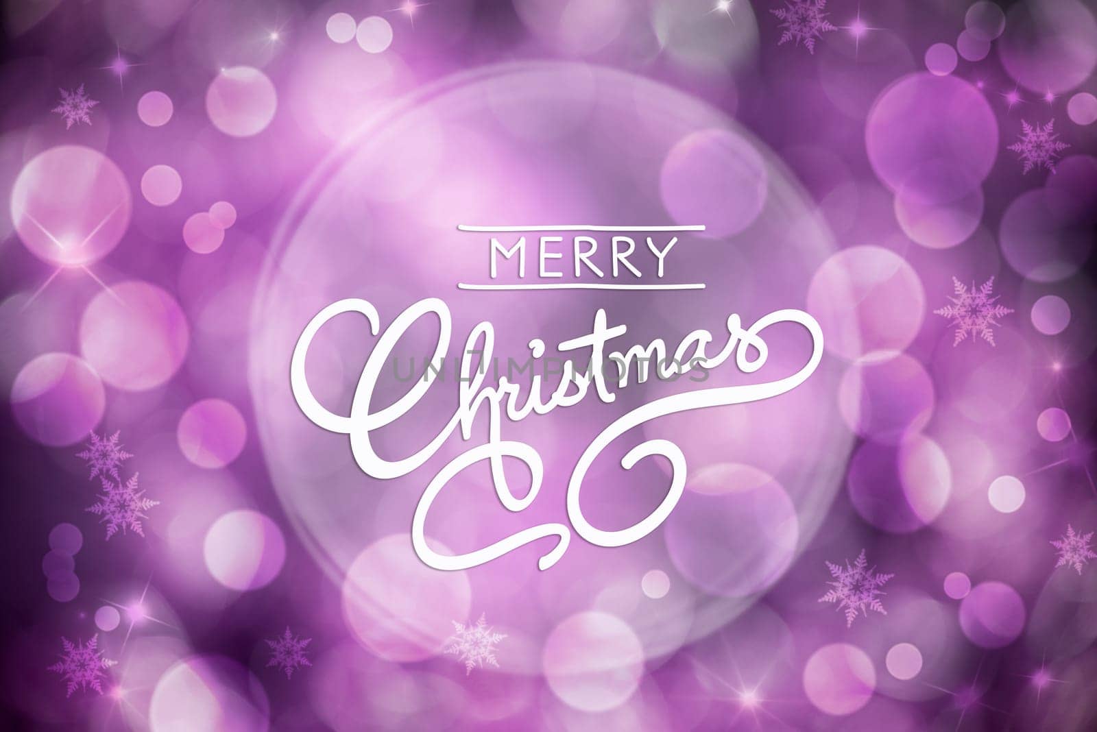 Purple and White Christmas Background With Shiny Bokeh and Text Merry Christmas