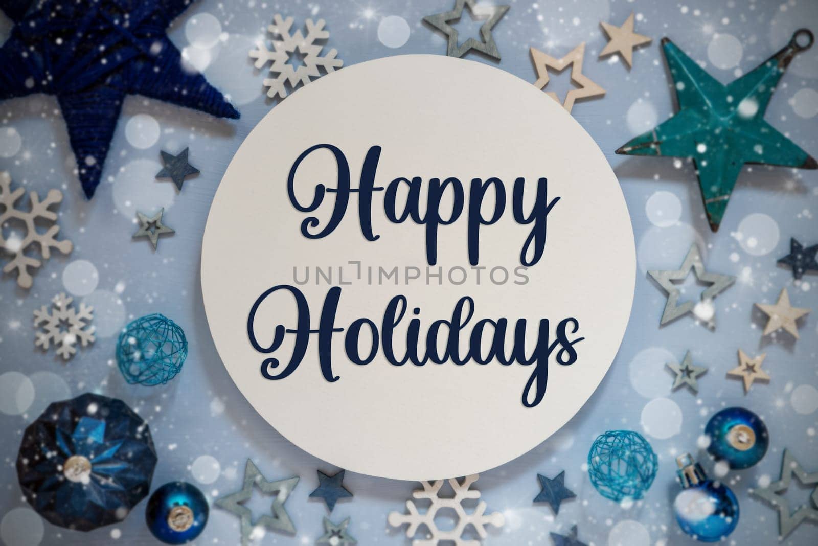 Blue Christmas Decor With Stars, Christmas Balls And Sign With Text Happy Holidays