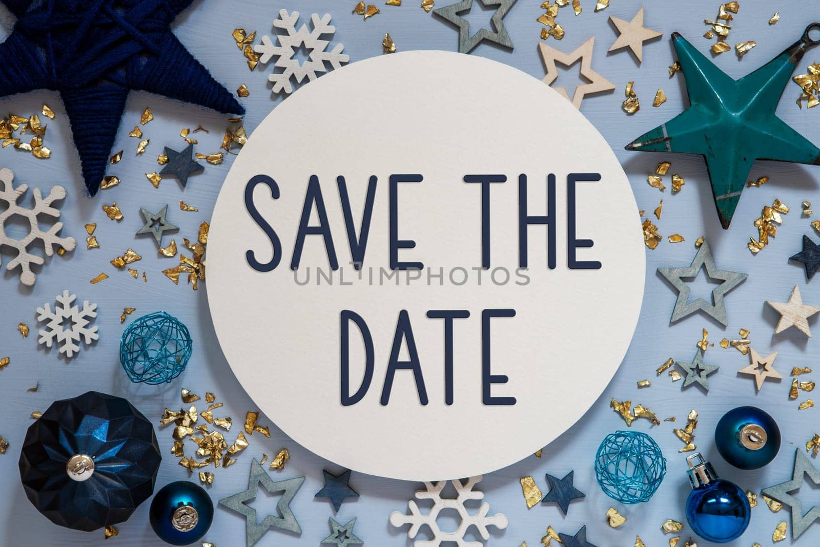 Text Save The Date, Blue Winter And Christmas Decoration, Christmas Background, Winter Flatlay With Start And Christmas Decor