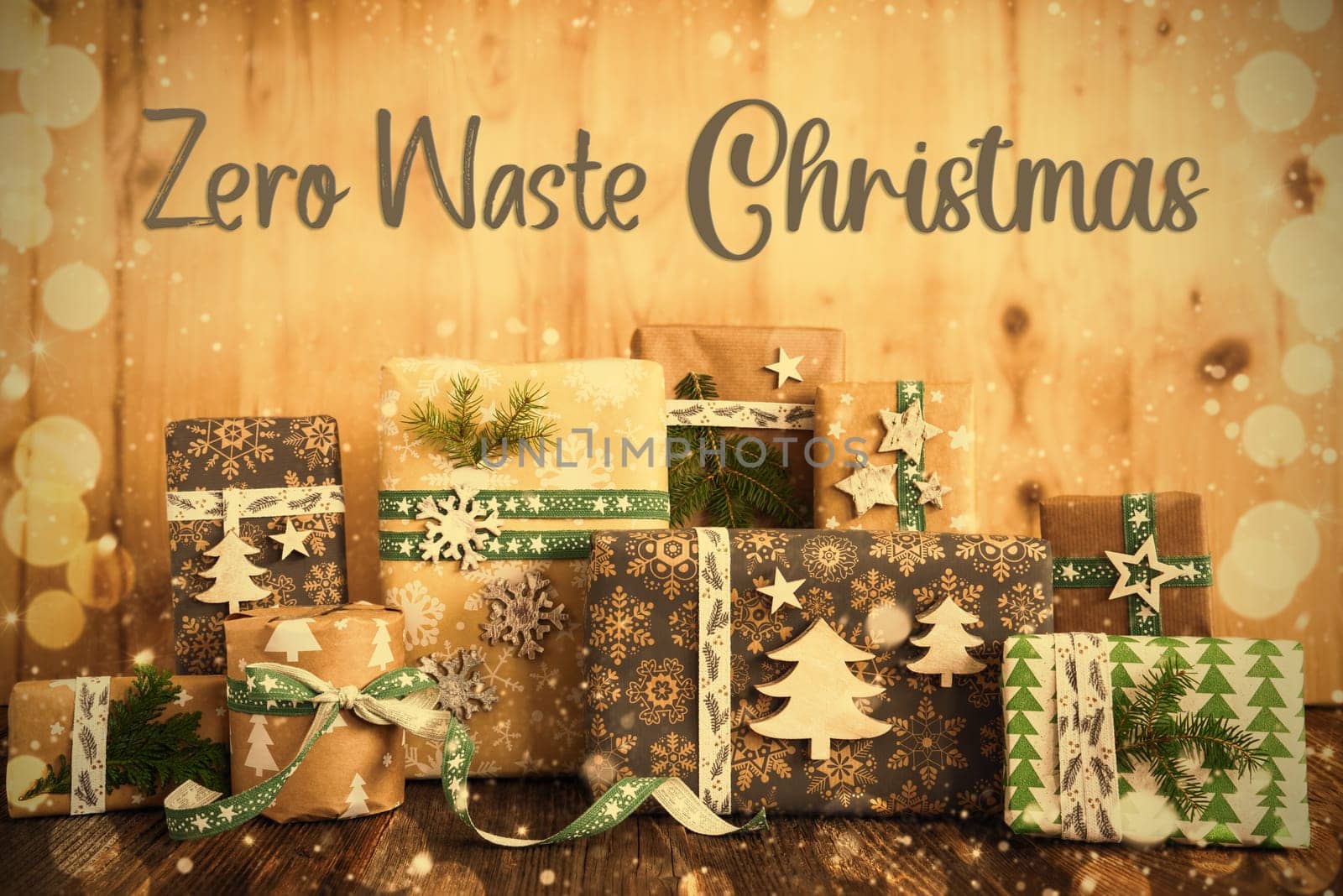 Text Zero Waste Christmas, Eco Friendly, Sustainable, Rustic, Green Wrapped Christmas Gifts, Winter Background