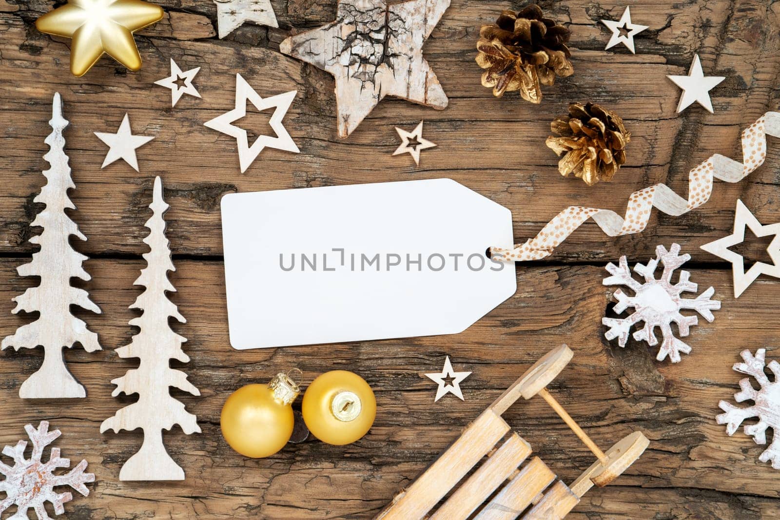 Wooden Rustic Christmas Background With Wooden And Golden Christmas Decor With Label With Space For Your Text