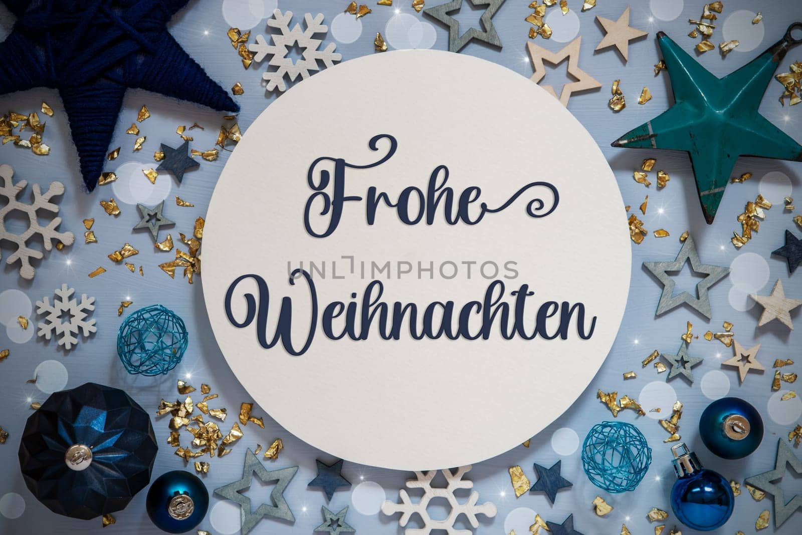 German Text Frohe Weihnachten, Means Merry Christmas In English, Blue Flatlay, Christmas Decor, Winter Background, Stars, Wooden Flatlay