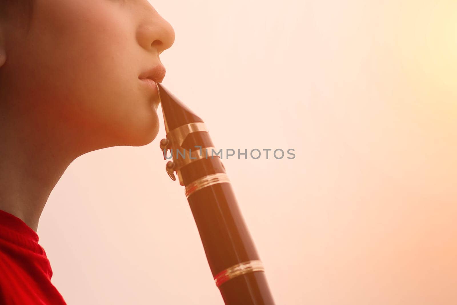 Young attractive girl playing clarinet in fall park