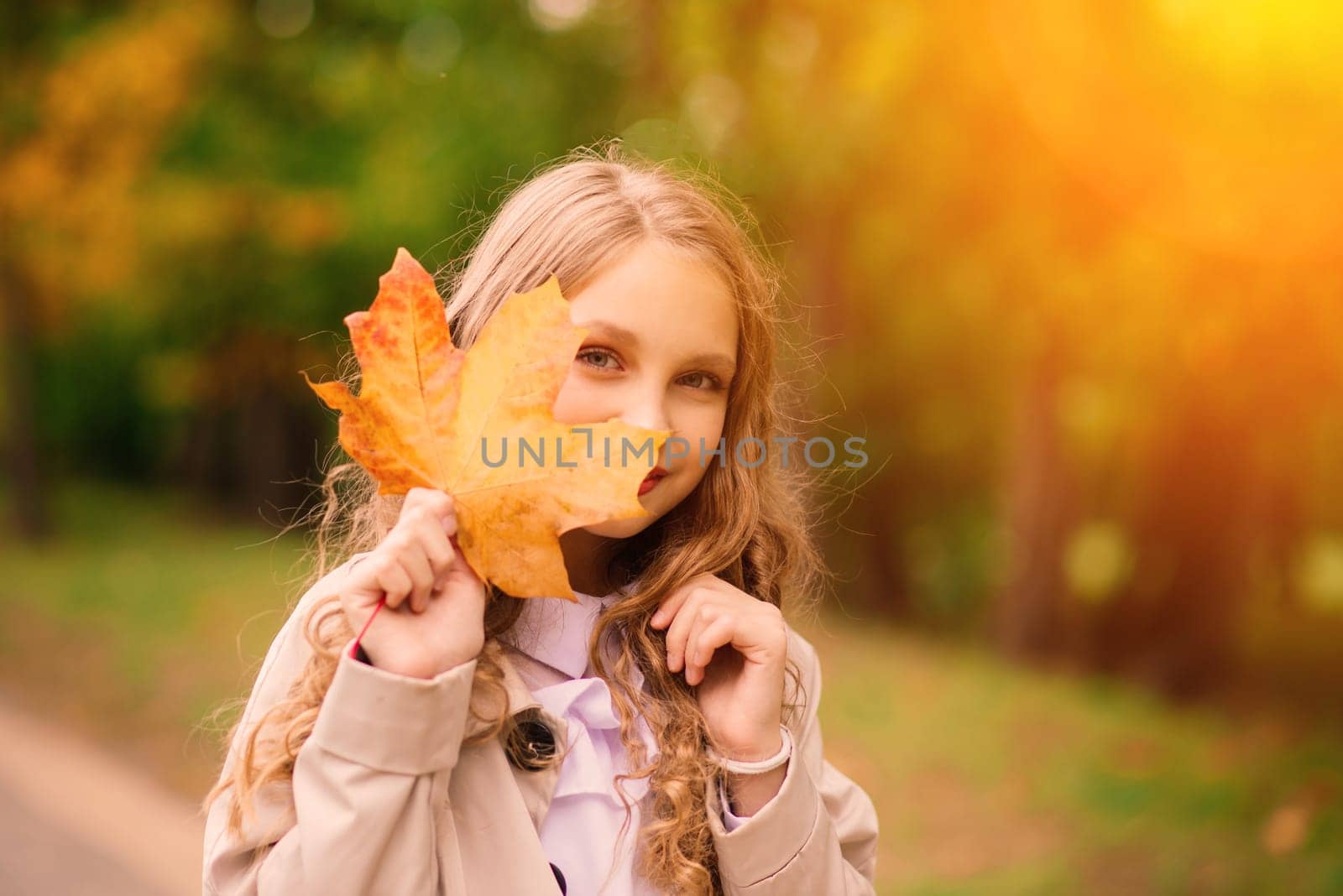 Adorable little girl with autumn leaves in beauty park