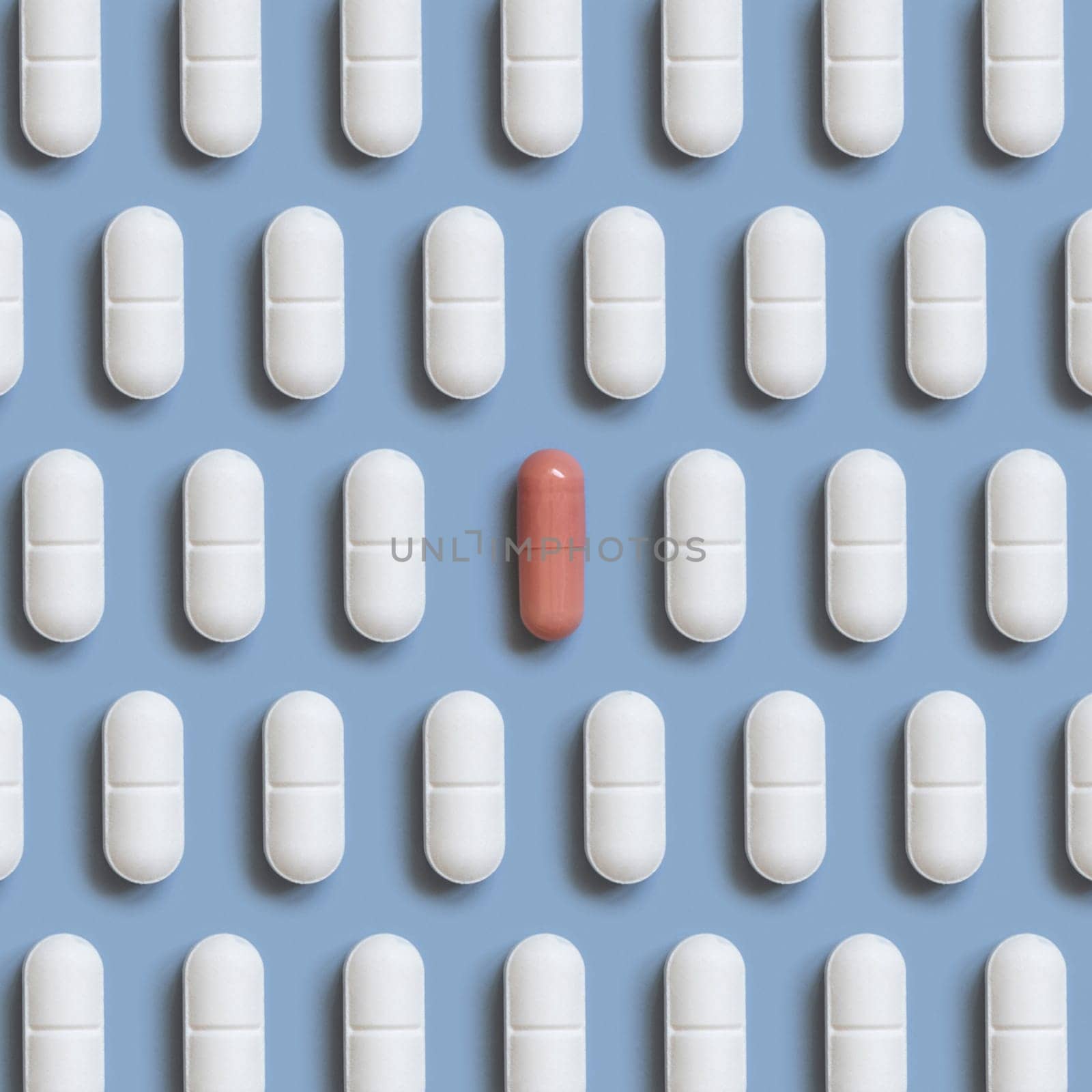 White pills on light blue top view, creative pattern. Curative medicine and healthcare, taking dietary supplements and vitamins. Pharmaceutical pills