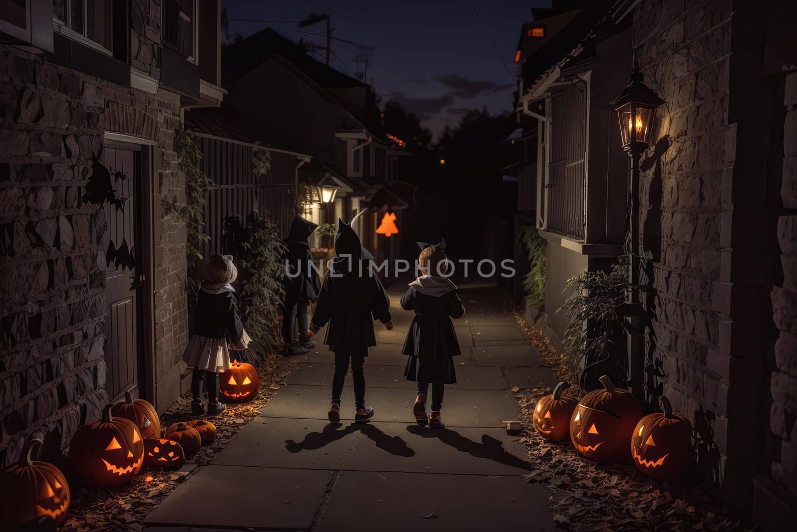 Halloween concept with the silhouettes of teens walking on a dark alley with lit head-shaped Jack-o'-lantern pumpkins .