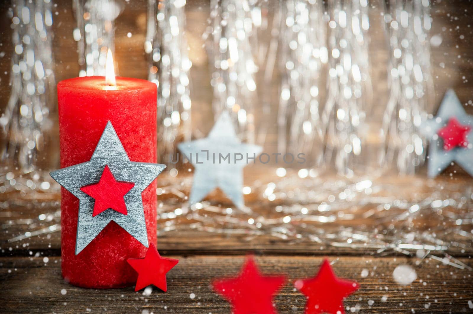 Red Candle, Silver Glittering Background, Christmas Decor, Festive Winter Background