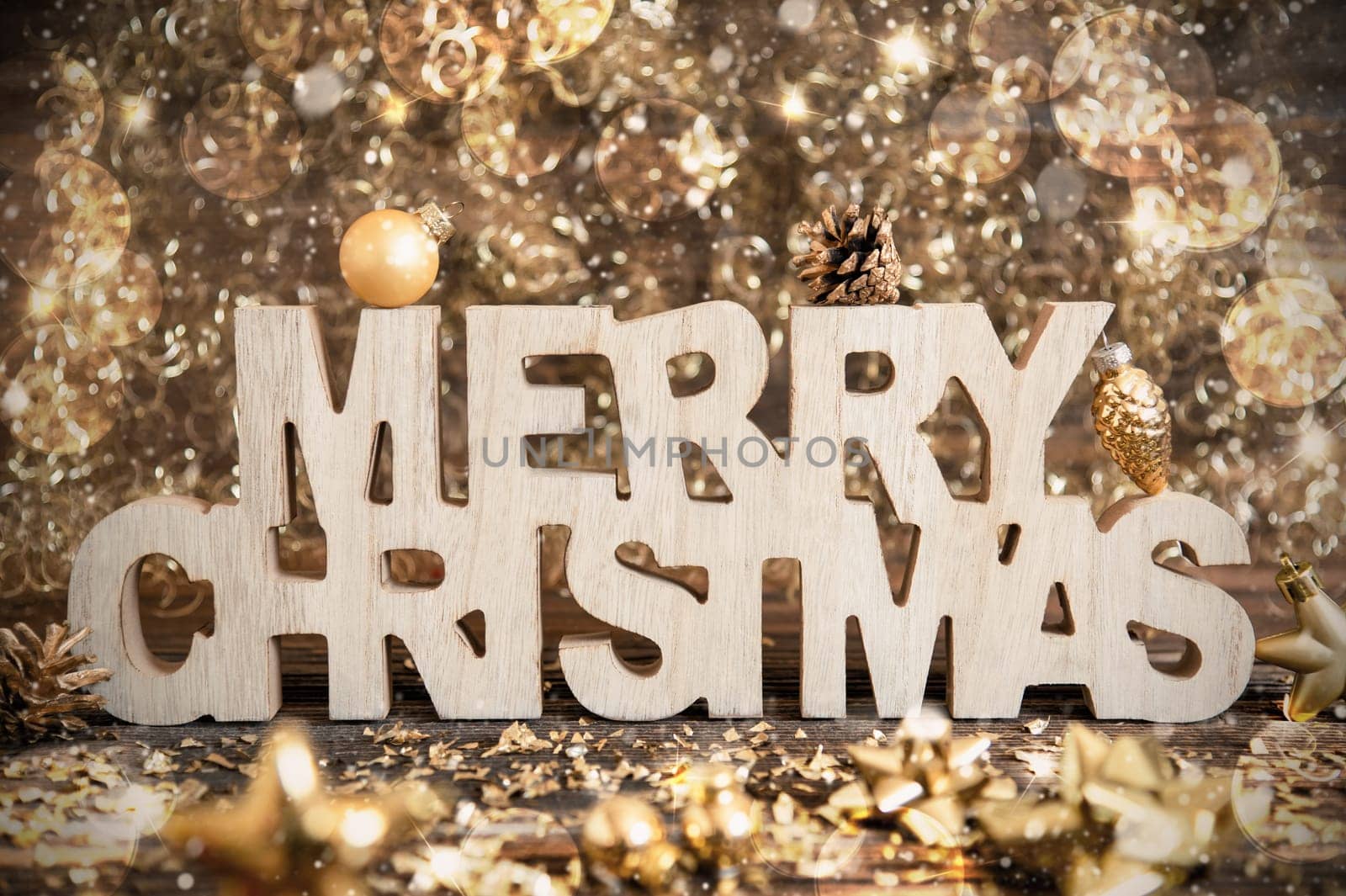Wooden Text Merry Christmas With Winter Decoration, Christmas Decoration, Golden Winter Decor