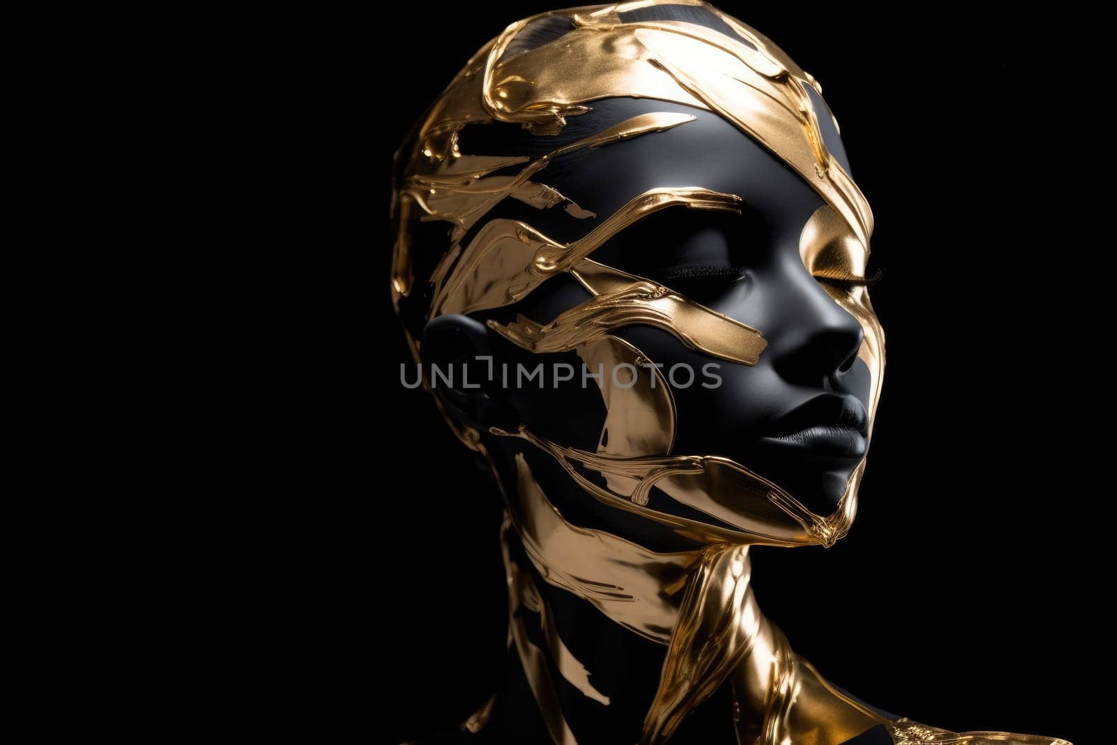 Abstract illustration of a gold and black marble bust of a female sculpture isolated on a black background.Generative AI