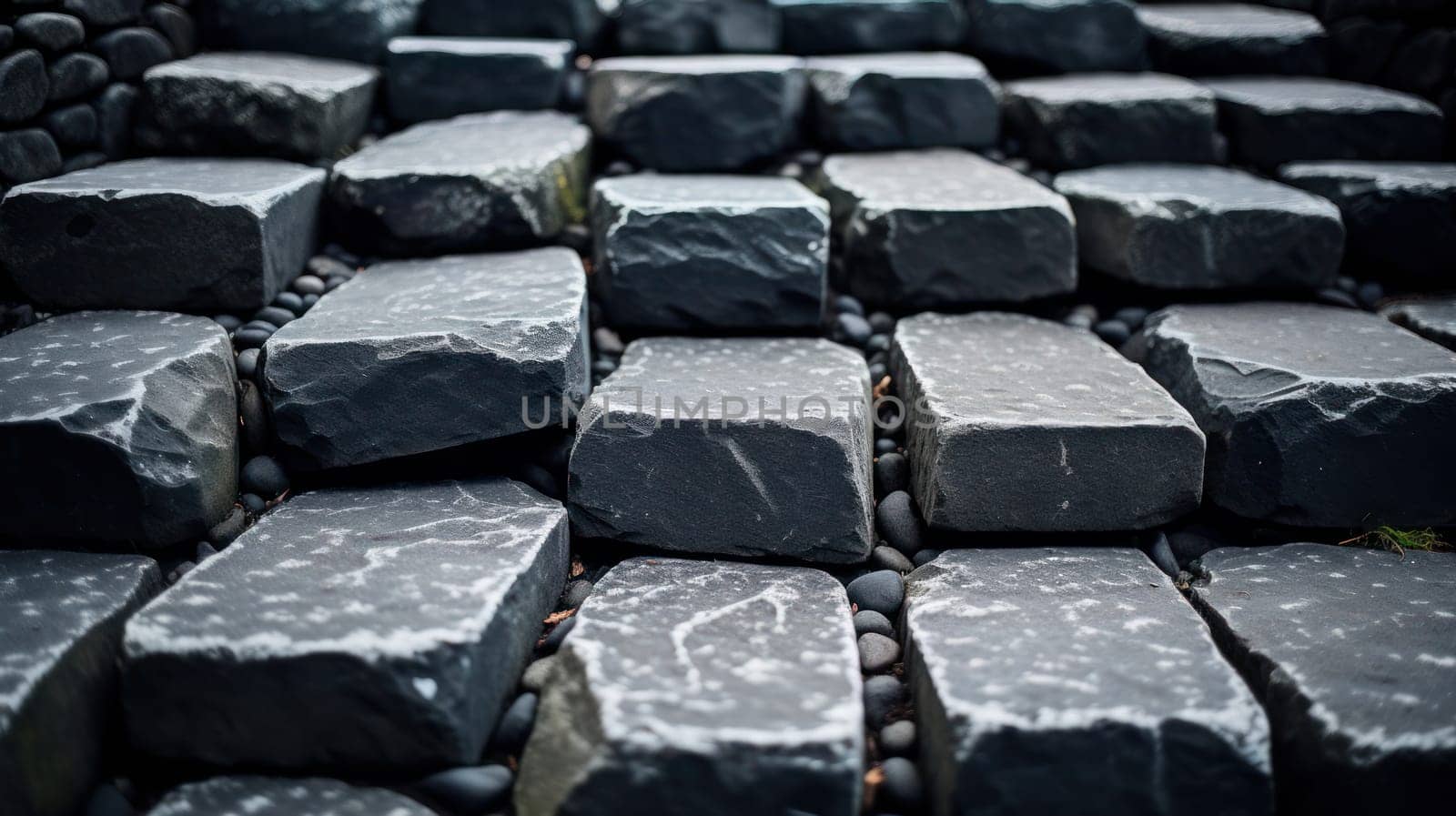 masonry of rough gray stones of various shapes and shades on the pavement. Beautiful background and surface texture of stone road .Generative AI