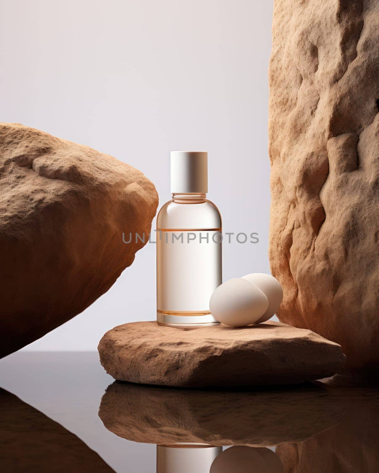 Minimal background for product presentation. A bottle of a cosmetic product on a stone podium on a light background. Mockup.Generative AI