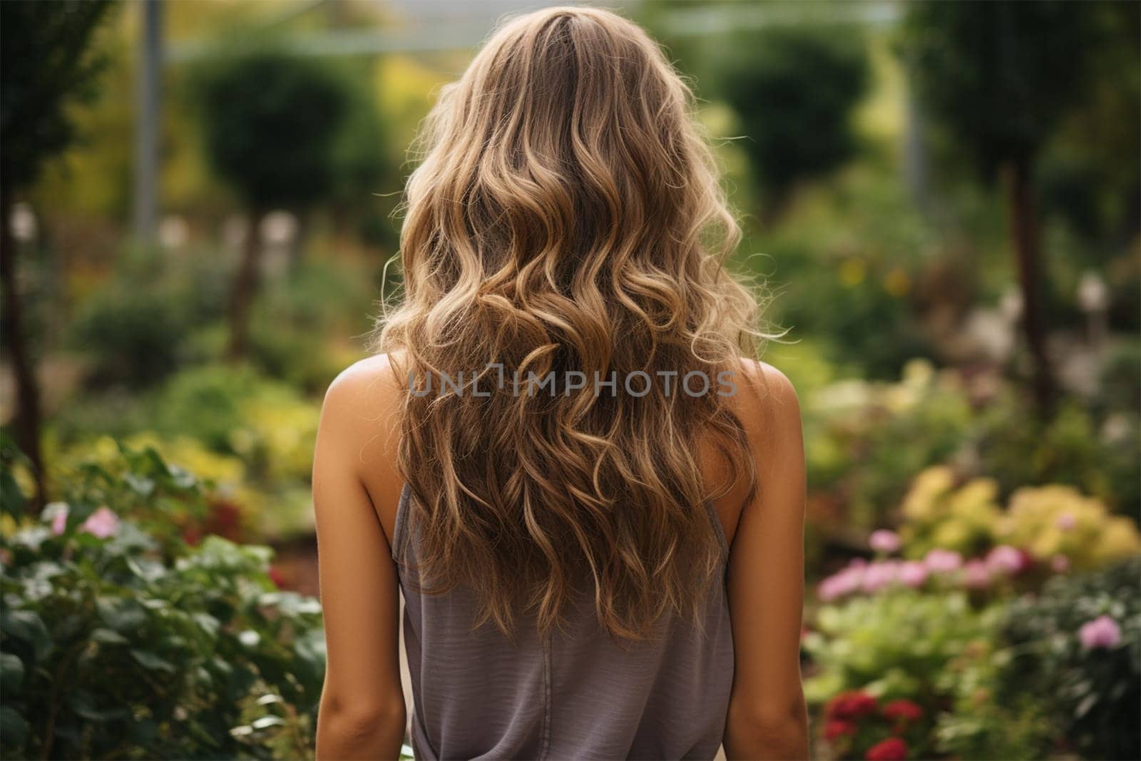 Close-up rear view of a blonde woman with a shiny wavy long hairstyle in front of a park.Generative AI
