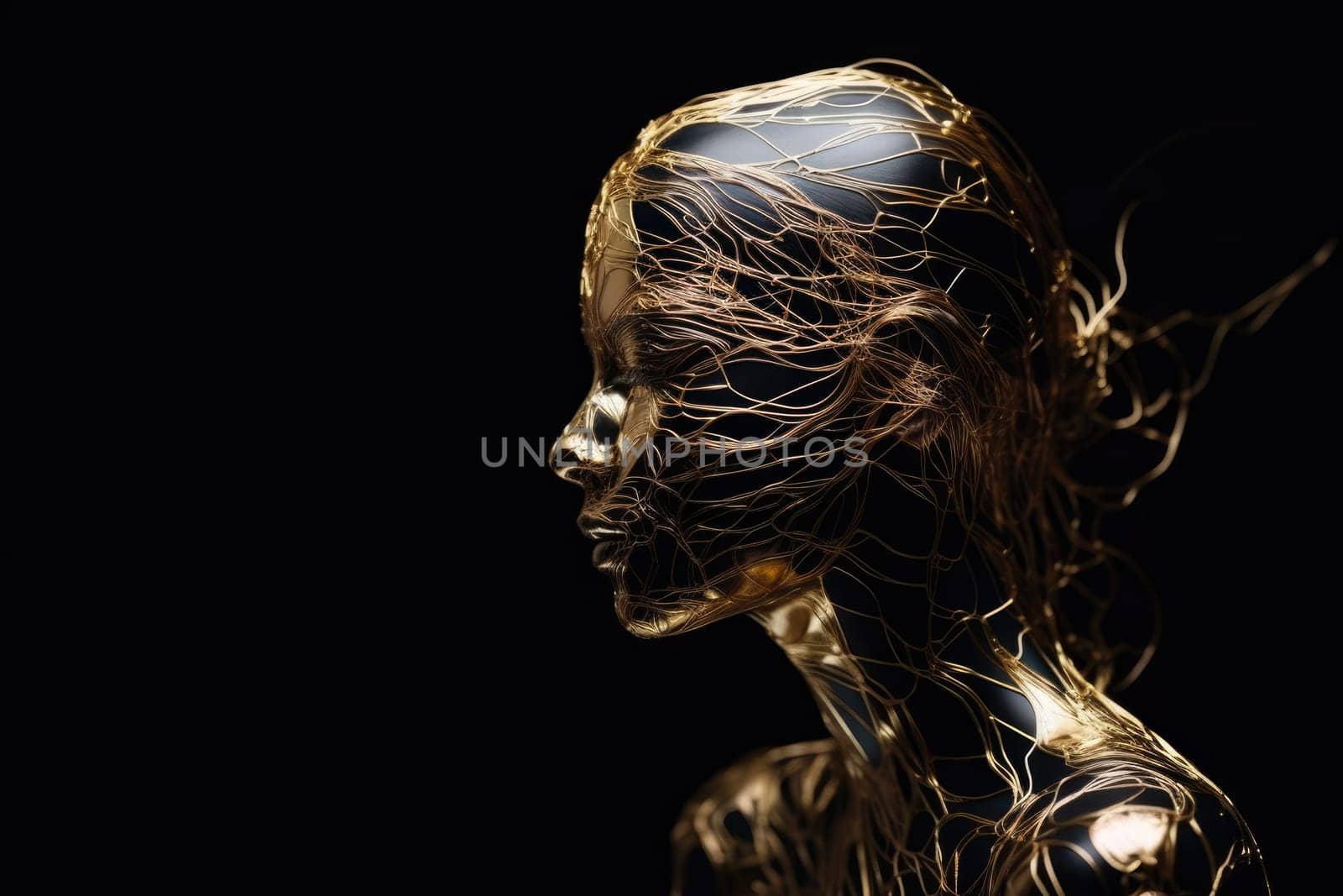 Abstract illustration of a gold, white and black marble bust of a female sculpture isolated on a black background.Generative AI