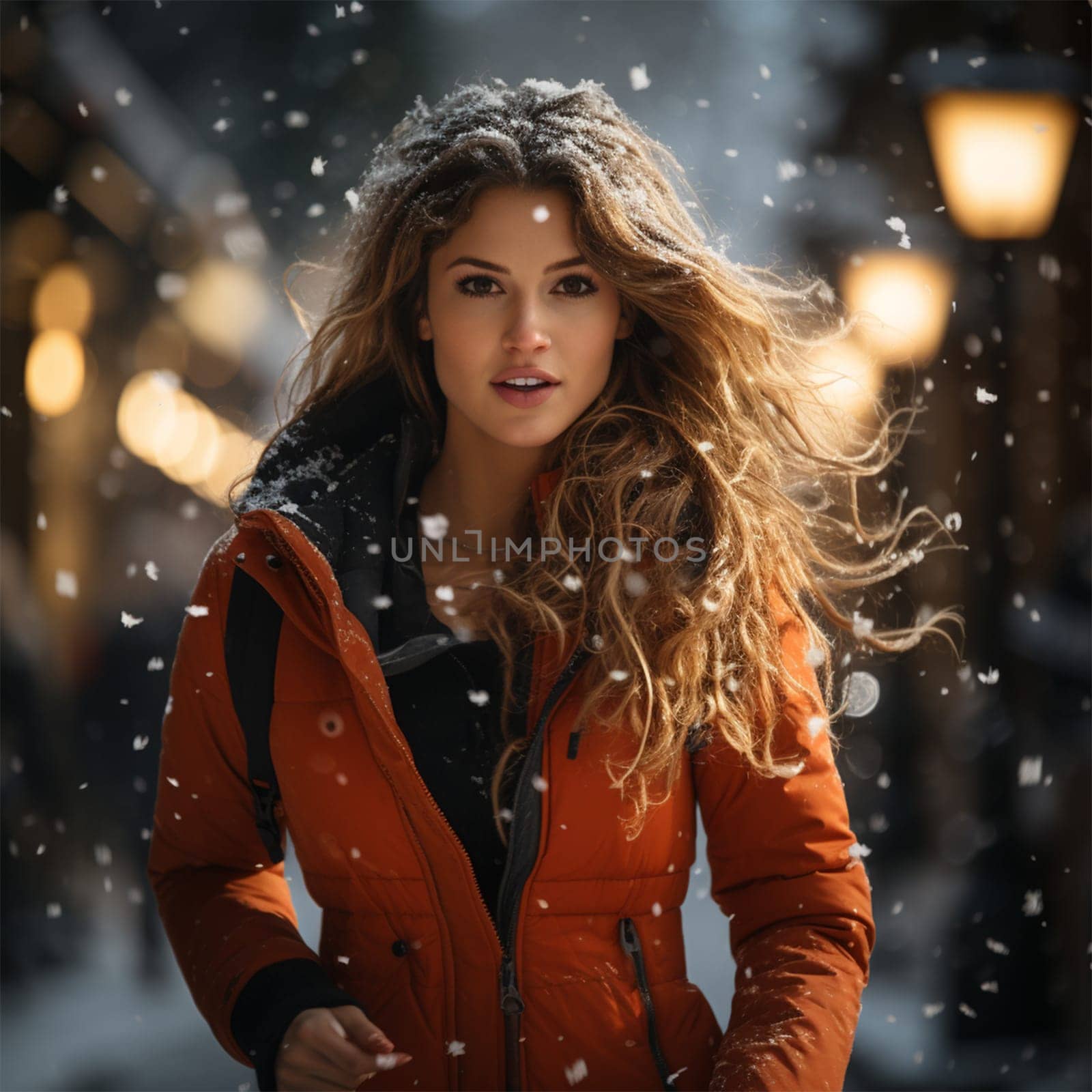 portrait of a young woman running in winter in the city during snowfall.Generative AI