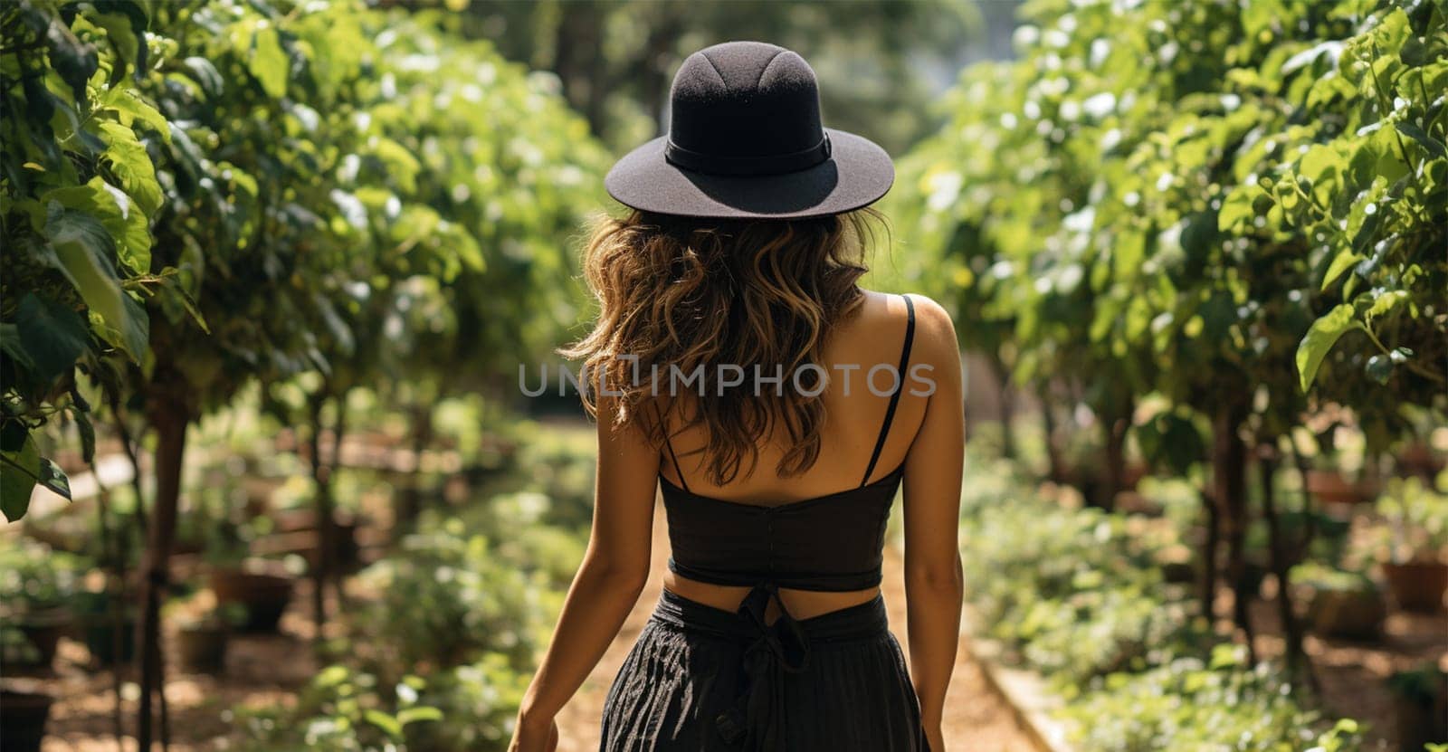 Close-up rear view of a brunette woman with a shiny wavy long hairstyle in front of a park.Generative AI